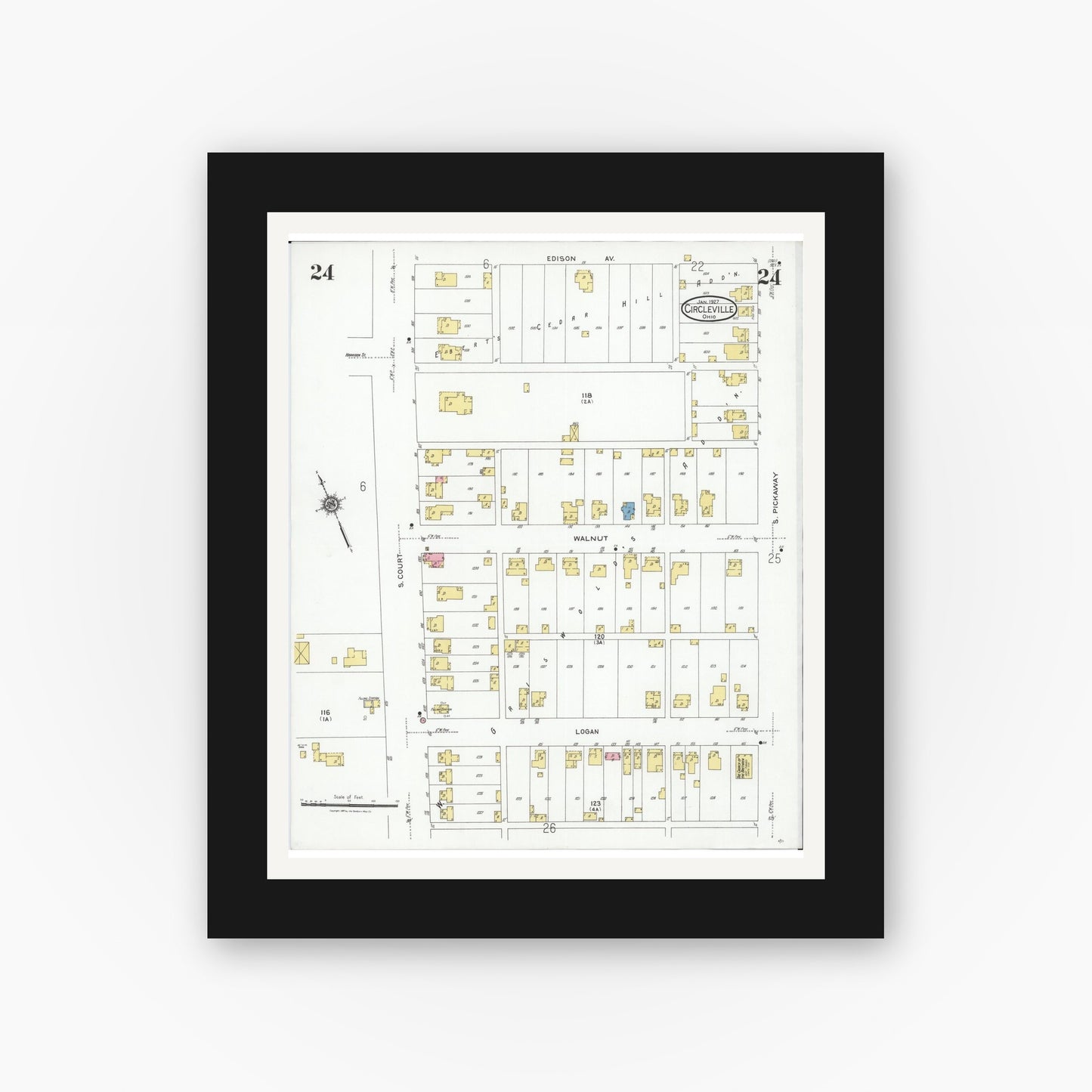 Old map wall art mockup — black gallery frame with white mat — Sanborn Fire Insurance Map from Circleville, Pickaway County, Ohio (1927), Sheet #0024