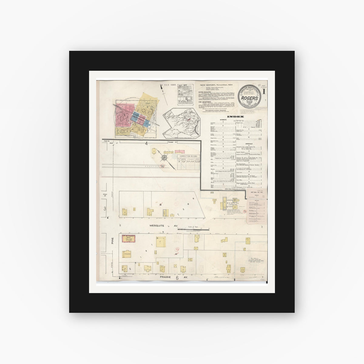 Old map wall art mockup — black gallery frame with white mat — Sanborn Fire Insurance Map from Rogers, Bell County, Texas (1944), Sheet #0001