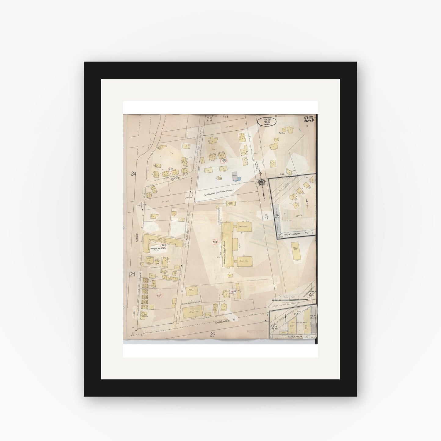 Old map wall art mockup — black gallery frame with white mat — Sanborn Fire Insurance Map from Hilo, Hawaii County, Hawaii (1957), Sheet #0025