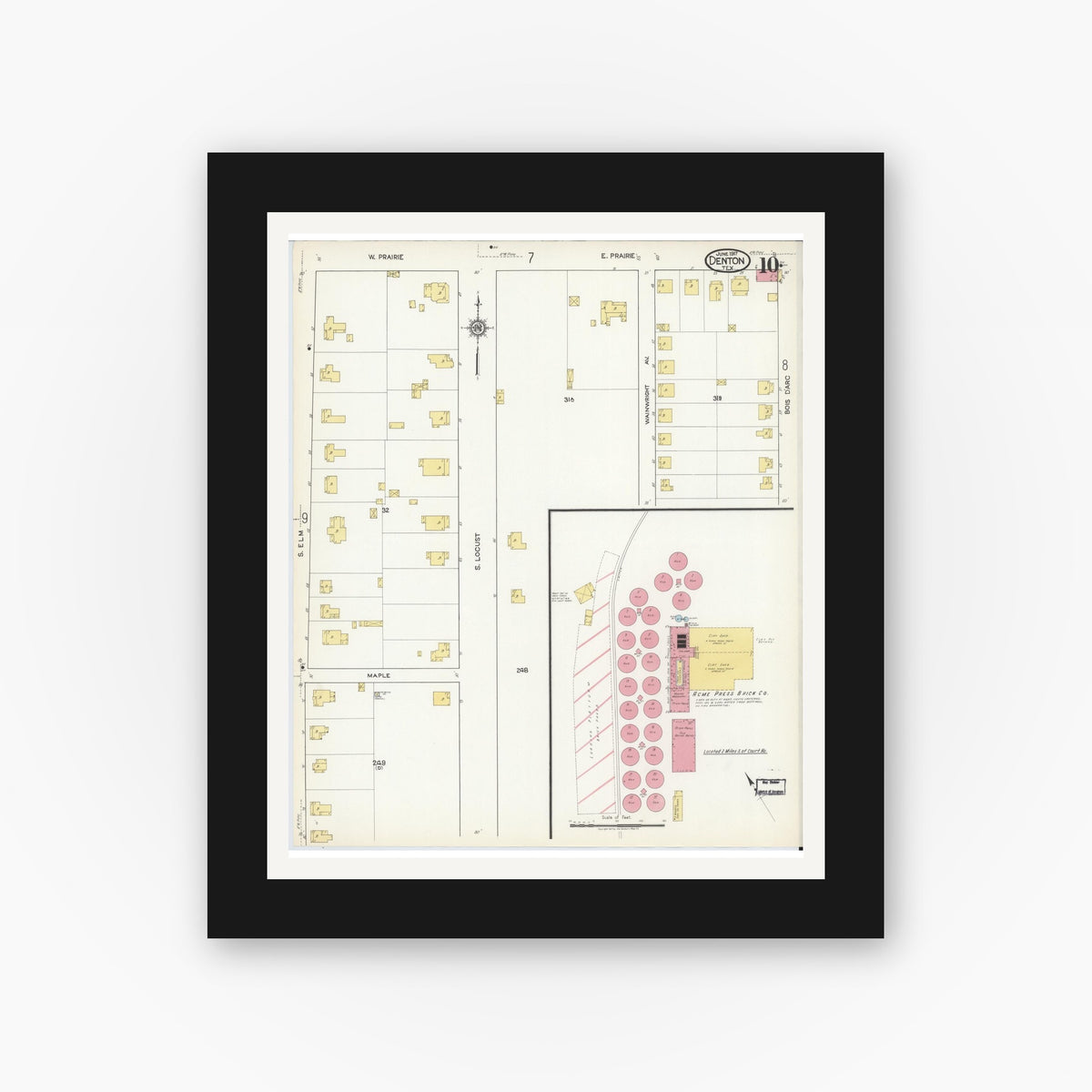 Old map wall art mockup — black gallery frame with white mat — Sanborn Fire Insurance Map from Denton, Denton County, Texas (1917), Sheet #0010