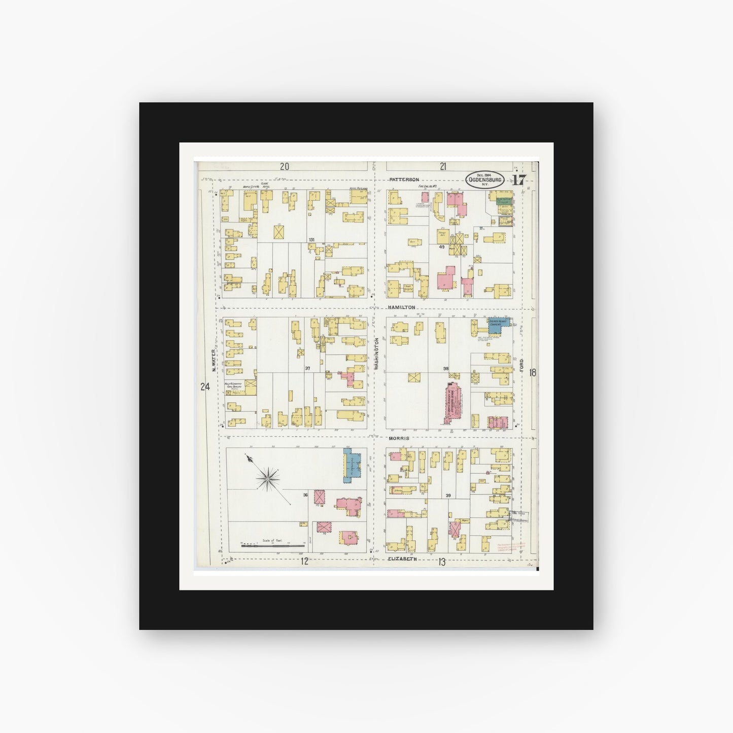 Old map wall art mockup — black gallery frame with white mat — Sanborn Fire Insurance Map from Ogdensburg, St. Lawrence County, New York (1904), Sheet #0017