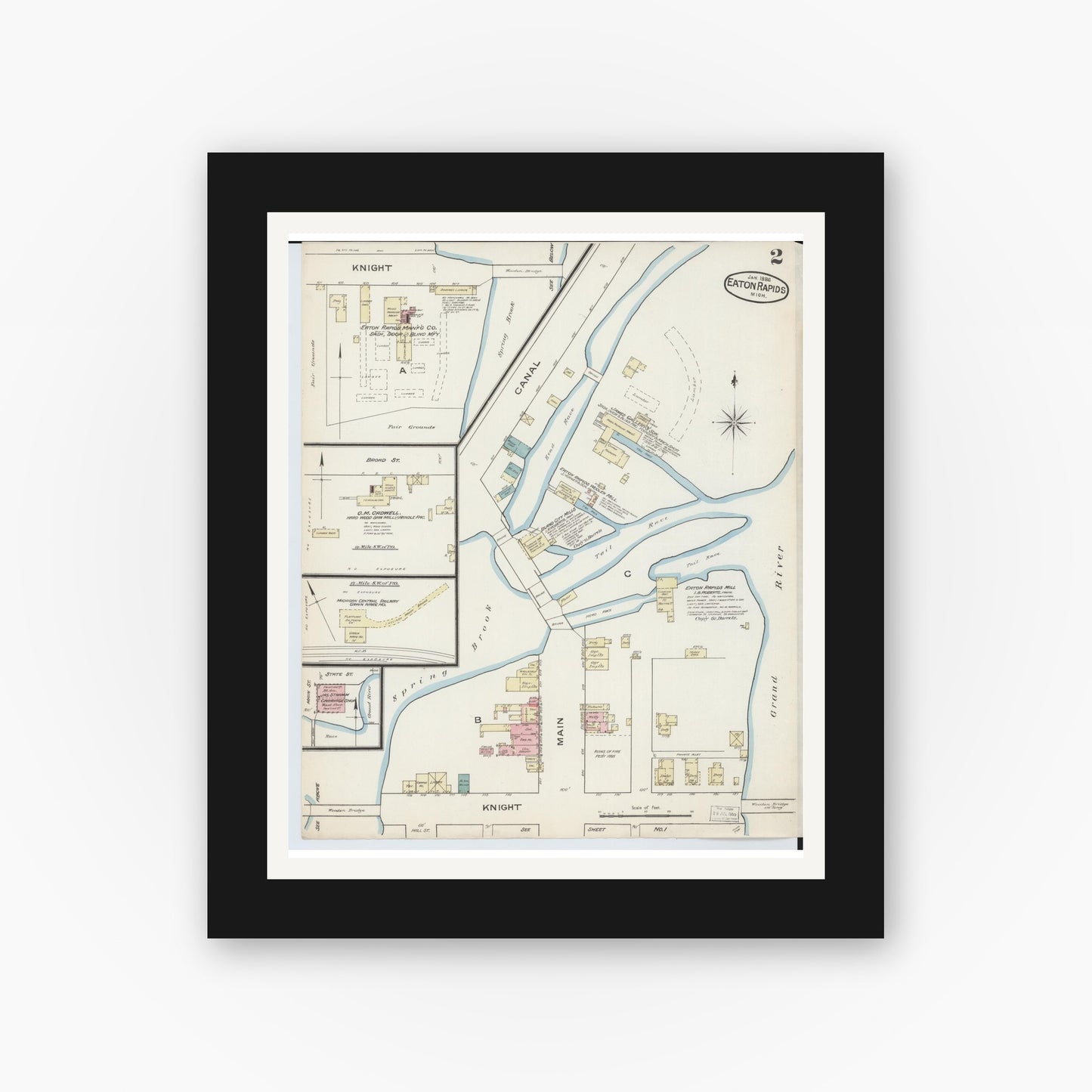 Old map wall art mockup — black gallery frame with white mat — Sanborn Fire Insurance Map from Eaton Rapids, Eaton County, Michigan (1886), Sheet #0002