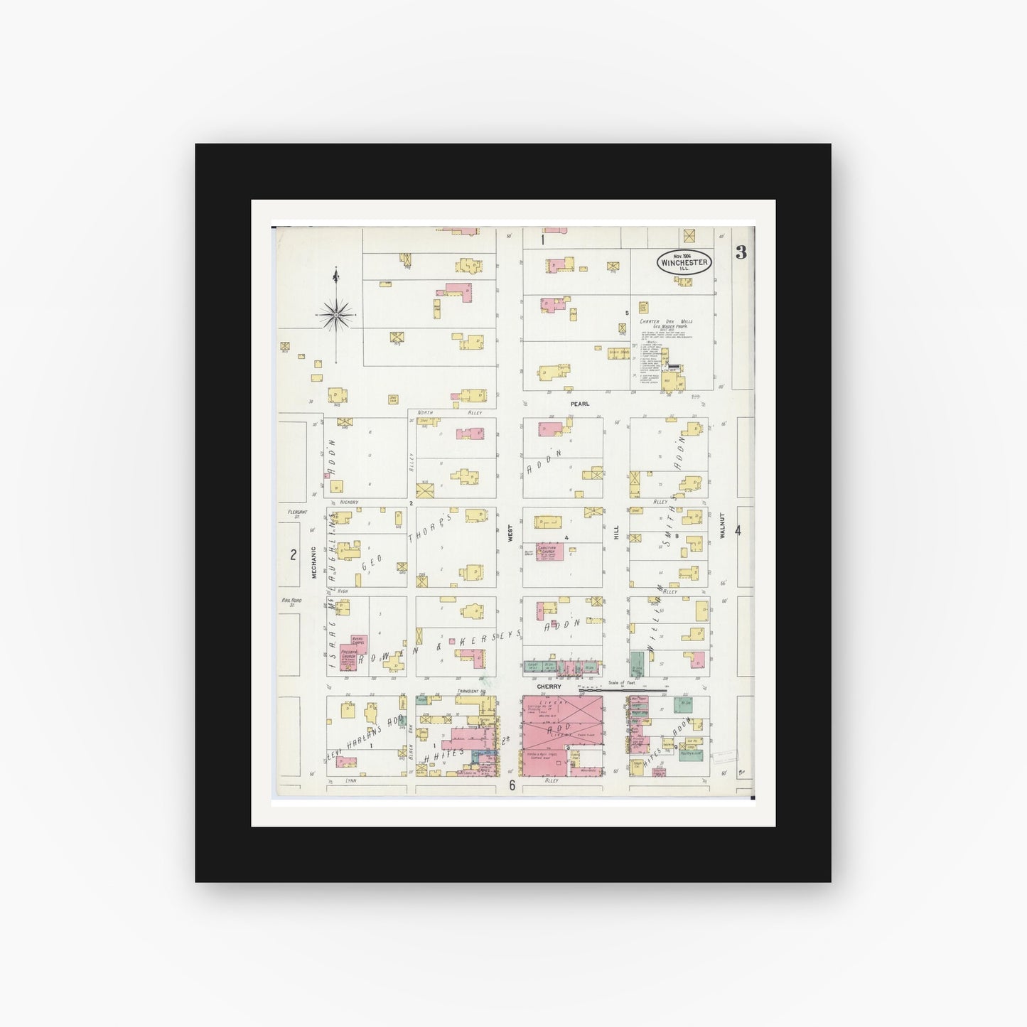 Old map wall art mockup — black gallery frame with white mat — Sanborn Fire Insurance Map from Winchester, Scott County, Illinois (1906), Sheet #0003