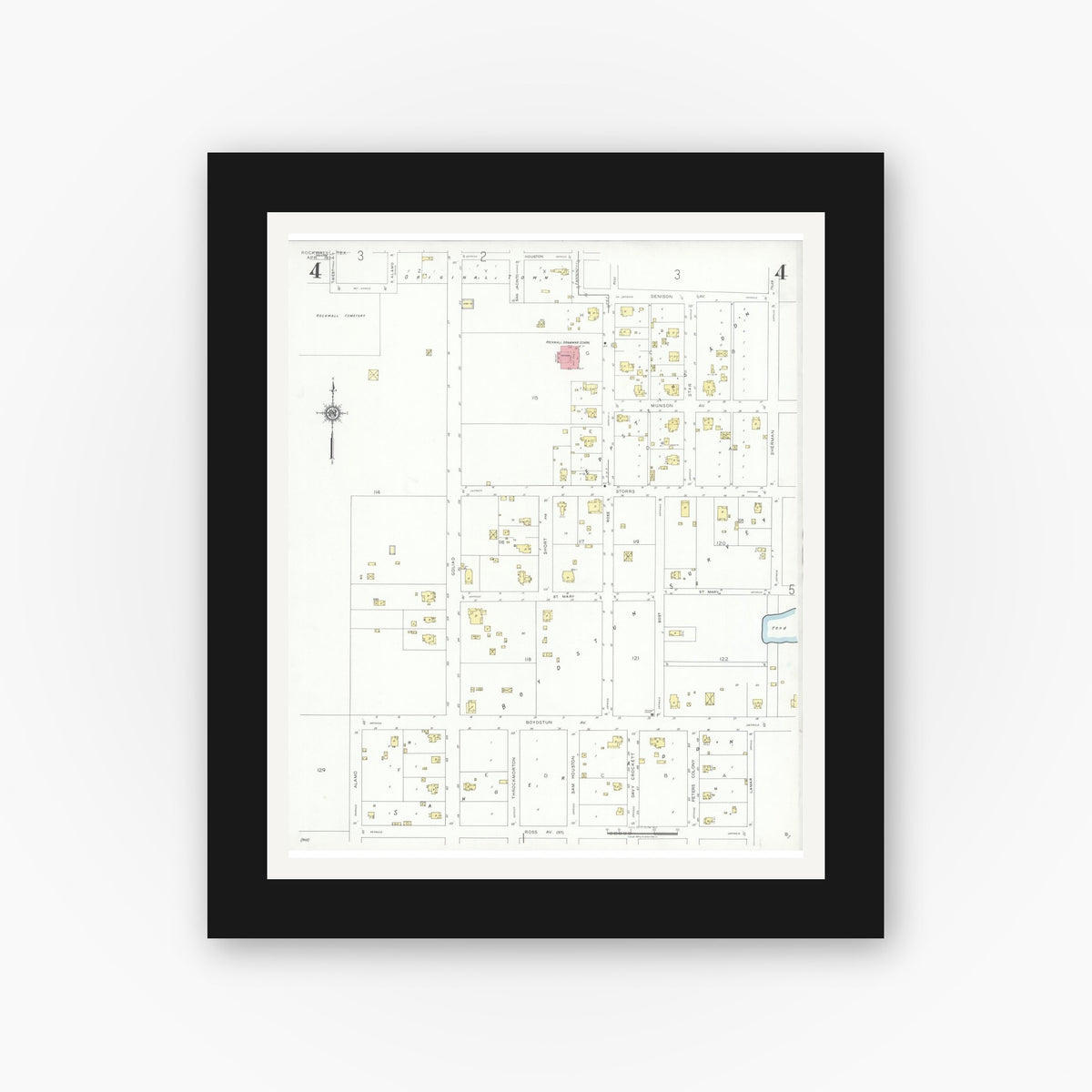 Old map wall art mockup — black gallery frame with white mat — Sanborn Fire Insurance Map from Rockwall, Rockwall County, Texas (1934), Sheet #0004