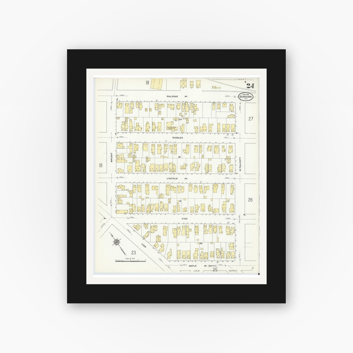 Old map wall art mockup — black gallery frame with white mat — Sanborn Fire Insurance Map from Dunkirk, Chautauqua County, New York (1910), Sheet #0024