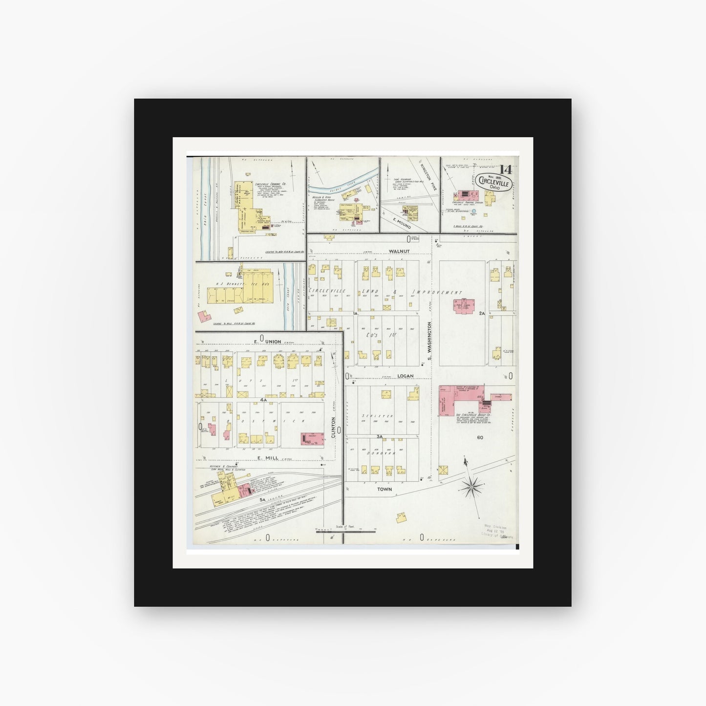 Old map wall art mockup — black gallery frame with white mat — Sanborn Fire Insurance Map from Circleville, Pickaway County, Ohio (1899), Sheet #0014