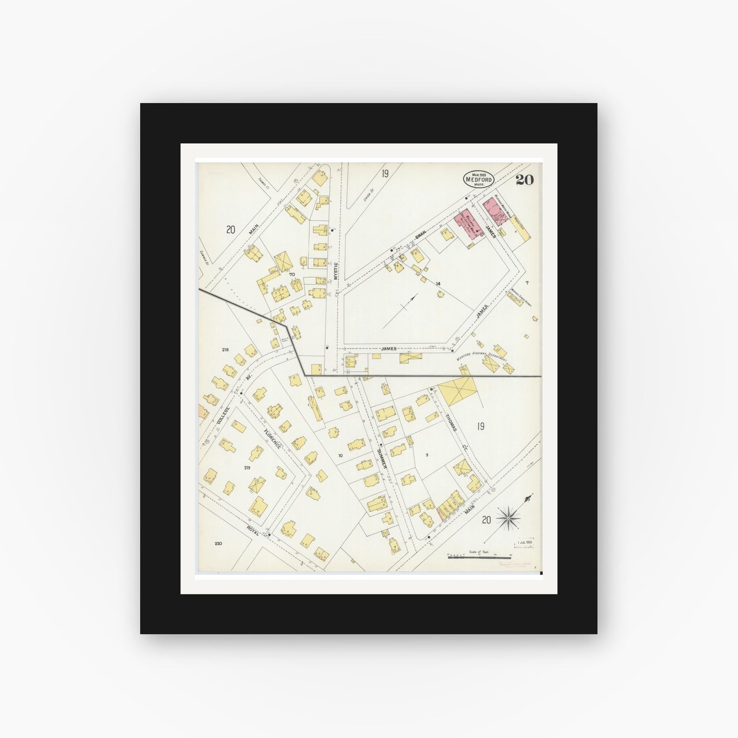 Old map wall art mockup — black gallery frame with white mat — Sanborn Fire Insurance Map from Medford, Middlesex County, Massachusetts (1903), Sheet #0020