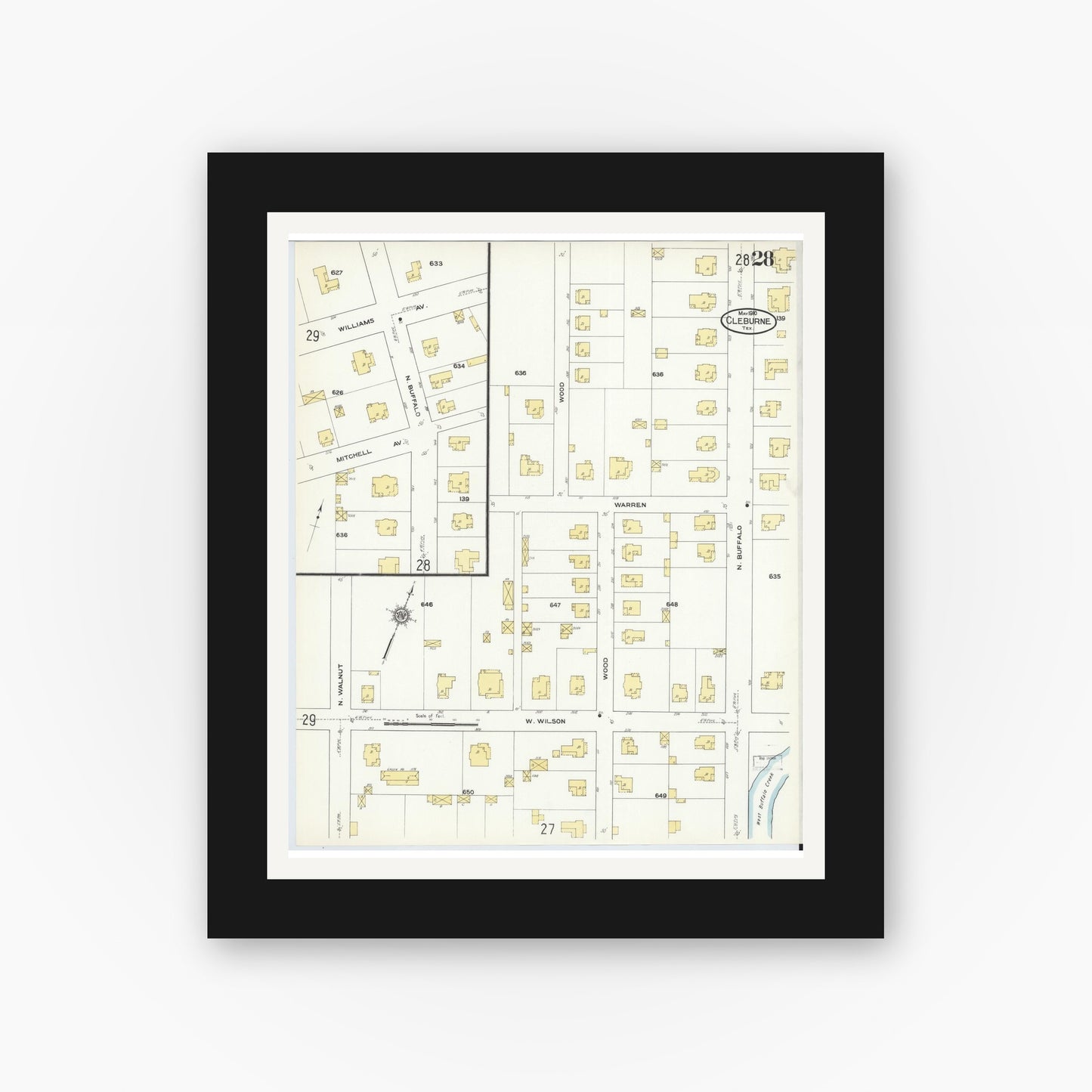 Old map wall art mockup — black gallery frame with white mat — Sanborn Fire Insurance Map from Cleburne, Johnson County, Texas (1910), Sheet #0028