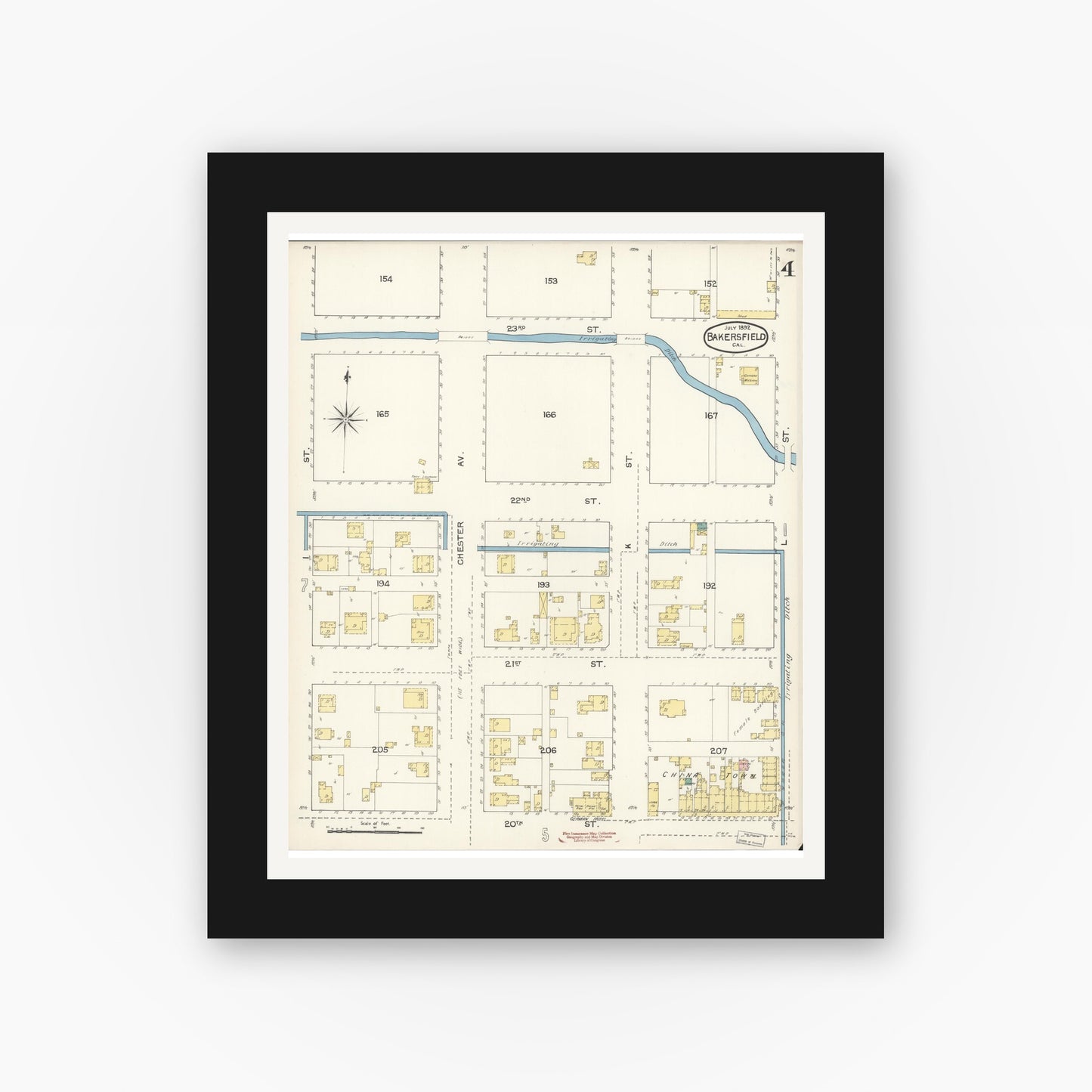 Old map wall art mockup — black gallery frame with white mat — Sanborn Fire Insurance Map from Bakersfield, Kern County, California (1892), Sheet #0004