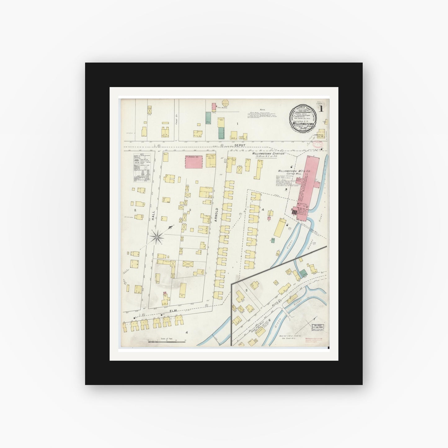 Old map wall art mockup — black gallery frame with white mat — Sanborn Fire Insurance Map from Williamstown, Berkshire County, Massachusetts (1895) - Complete Map Set