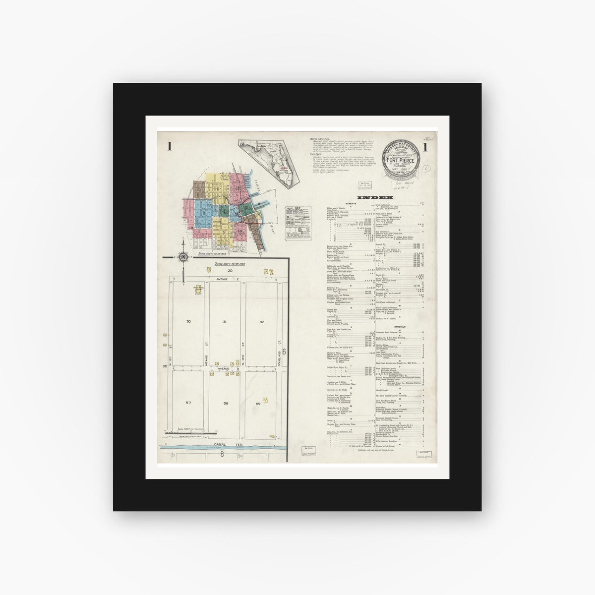 Old map wall art mockup — black gallery frame with white mat — Sanborn Fire Insurance Map from Fort Pierce, St Lucie County, Florida (1924) - Complete Map Set