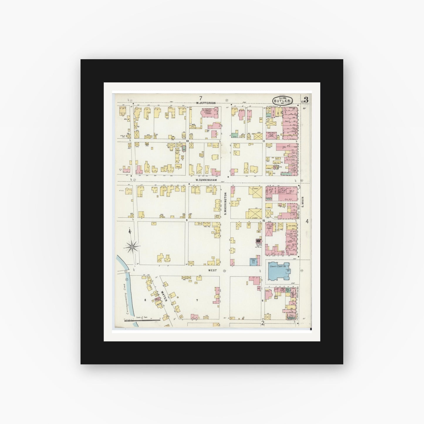 Old map wall art mockup — black gallery frame with white mat — Sanborn Fire Insurance Map from Butler, Butler County, Pennsylvania (1896), Sheet #0003