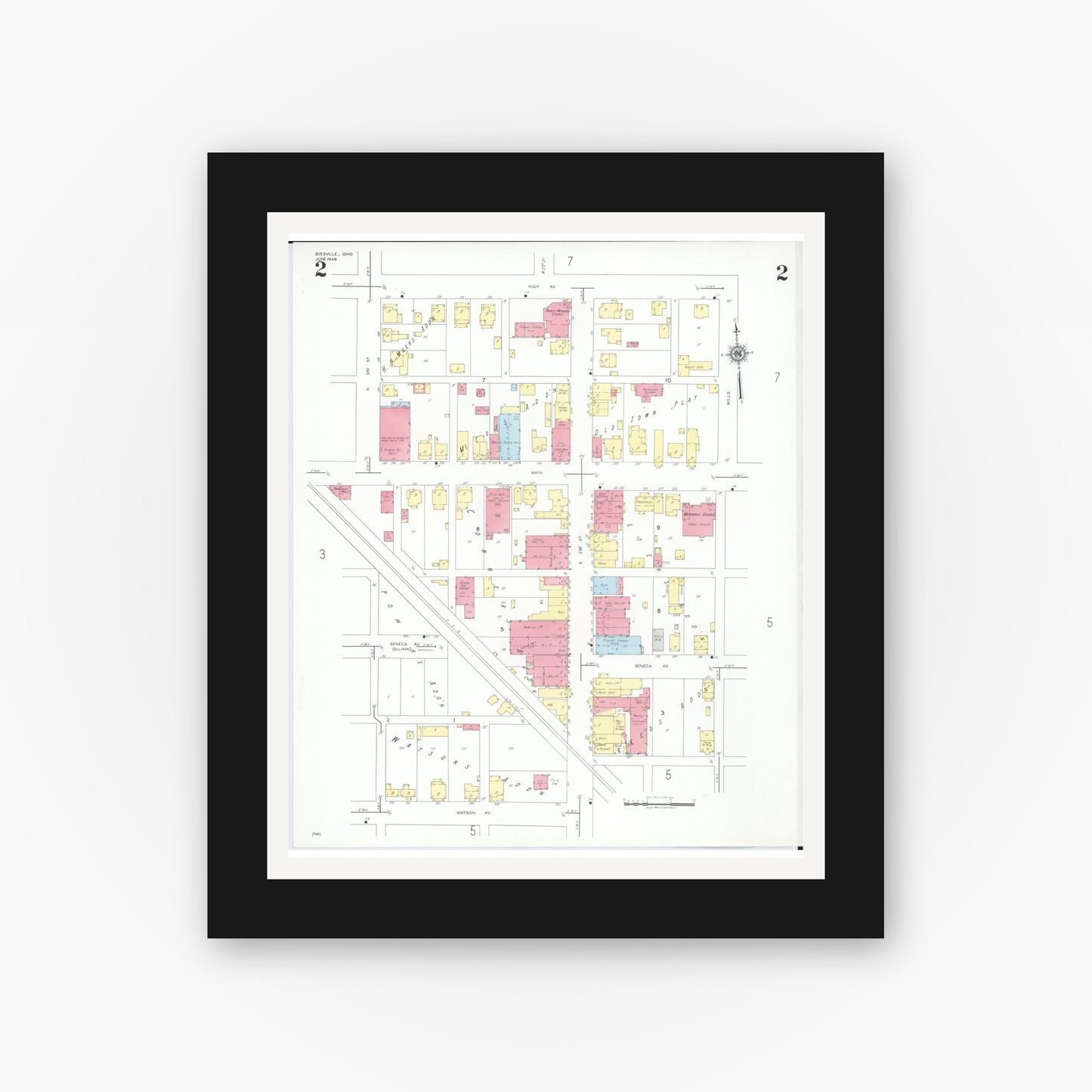 Old map wall art mockup — black gallery frame with white mat — Sanborn Fire Insurance Map from Byesville, Guernsey County, Ohio (1948), Sheet #0002