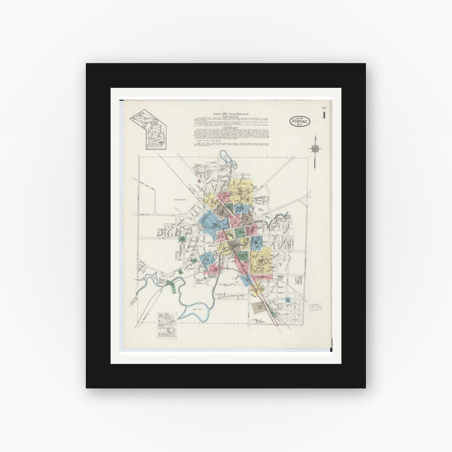 Old map wall art mockup — black gallery frame with white mat — Sanborn Fire Insurance Map from Pontiac, Oakland County, Michigan (1915) - Complete Map Set
