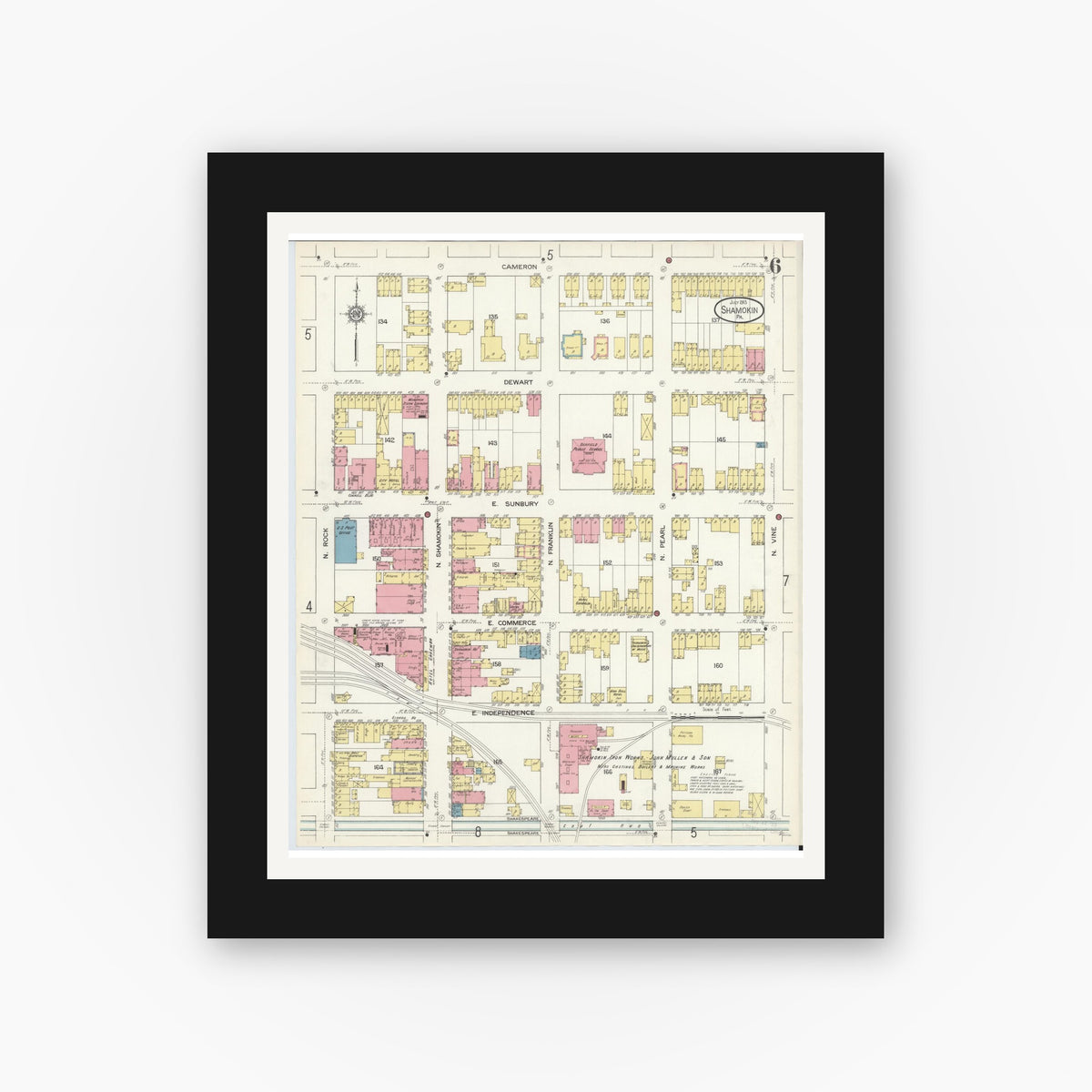 Old map wall art mockup — black gallery frame with white mat — Sanborn Fire Insurance Map from Shamokin, Northumberland County, Pennsylvania (1913), Sheet #0006