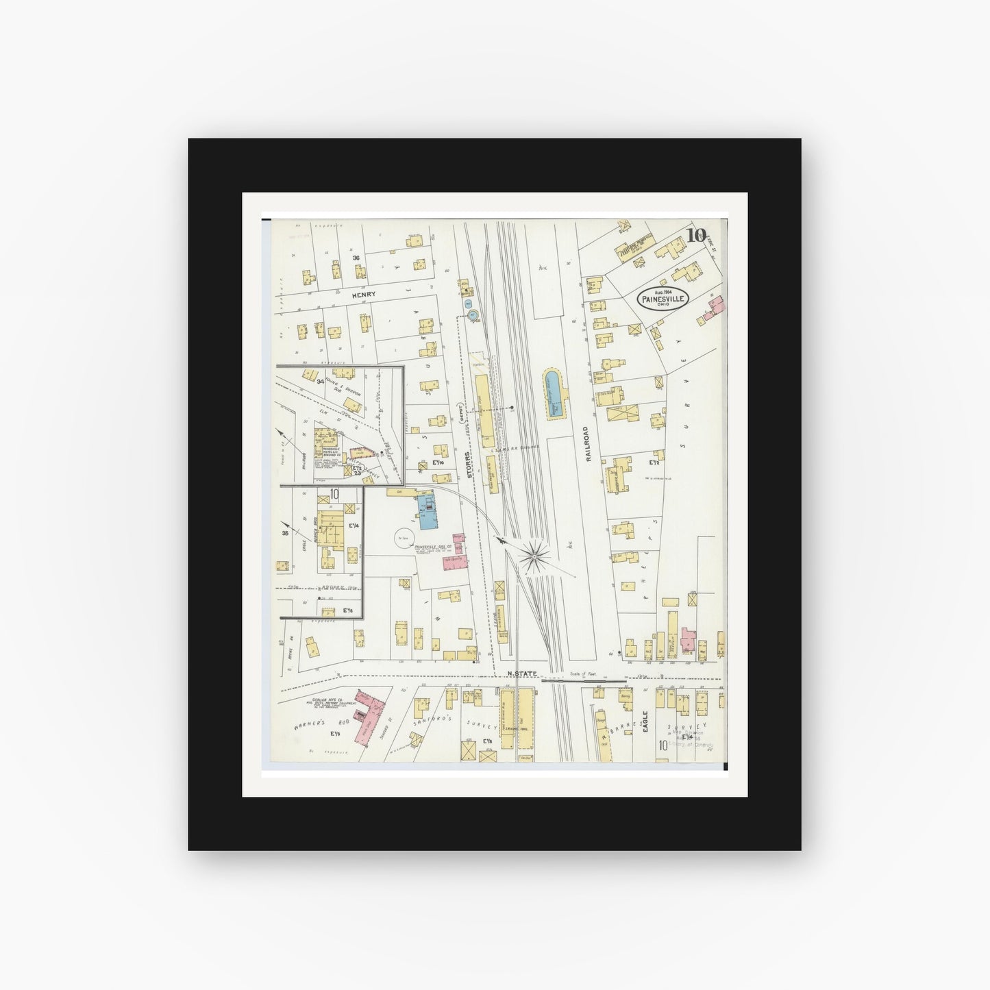 Old map wall art mockup — black gallery frame with white mat — Sanborn Fire Insurance Map from Painesville, Lake County, Ohio (1904), Sheet #0010