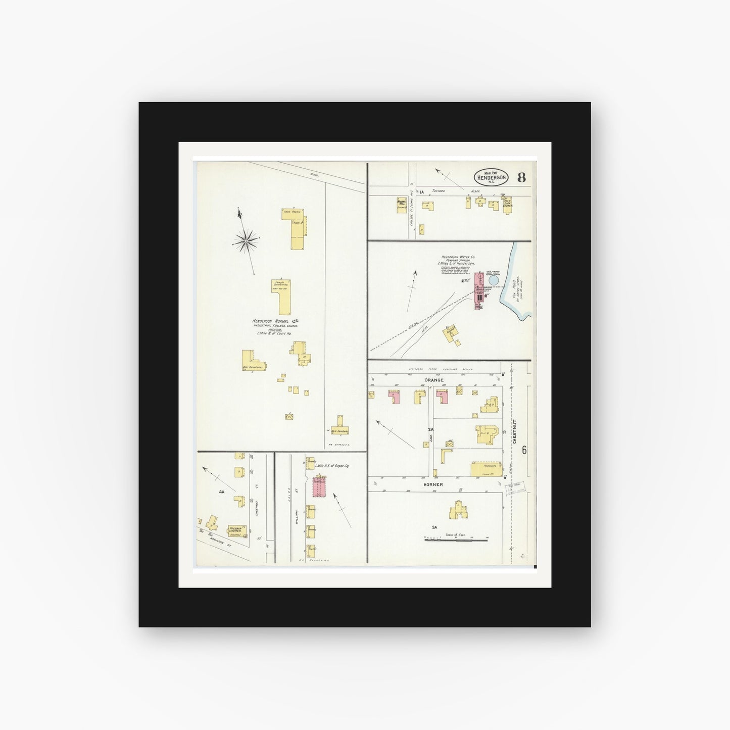 Old map wall art mockup — black gallery frame with white mat — Sanborn Fire Insurance Map from Henderson, Vance County, North Carolina (1907), Sheet #0008