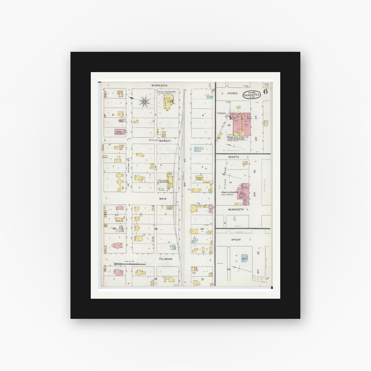 Old map wall art mockup — black gallery frame with white mat — Sanborn Fire Insurance Map from Shakopee, Scott County, Minnesota (1895), Sheet #0006