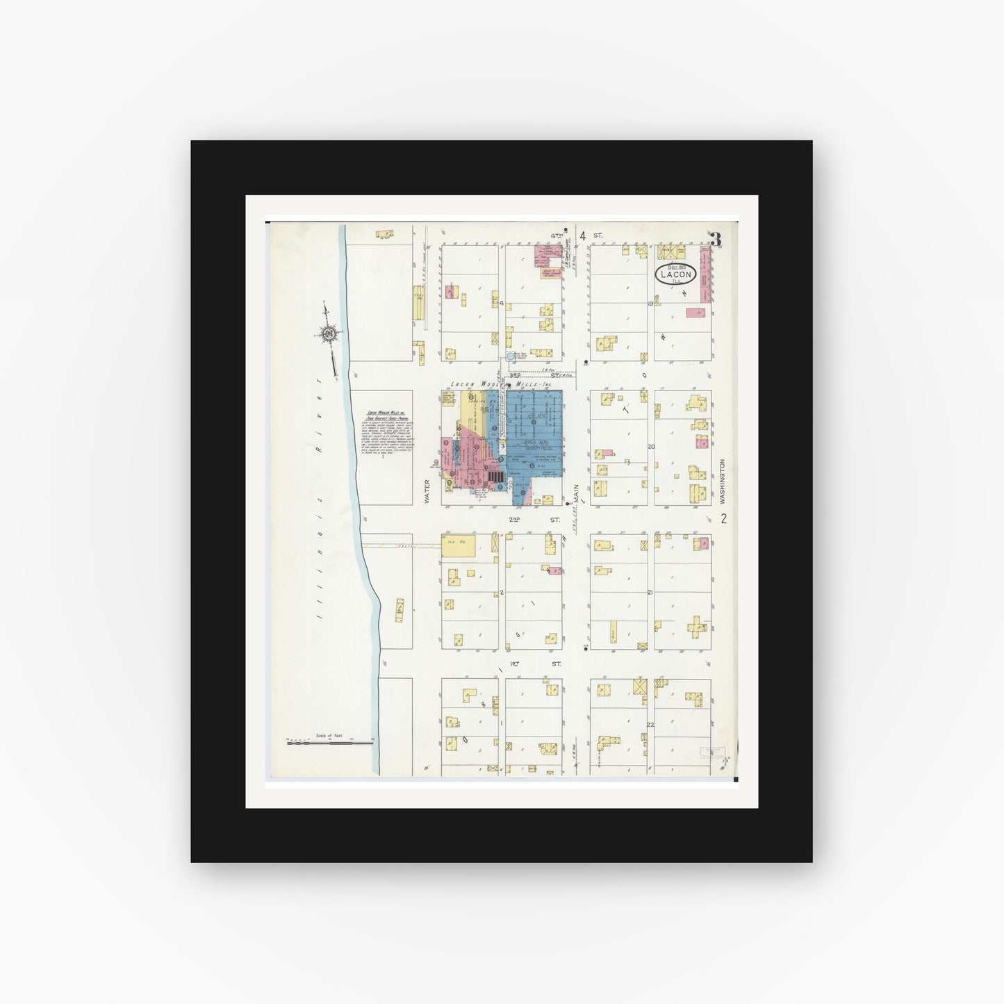 Old map wall art mockup — black gallery frame with white mat — Sanborn Fire Insurance Map from Lacon, Marshall County, Illinois (1913), Sheet #0003