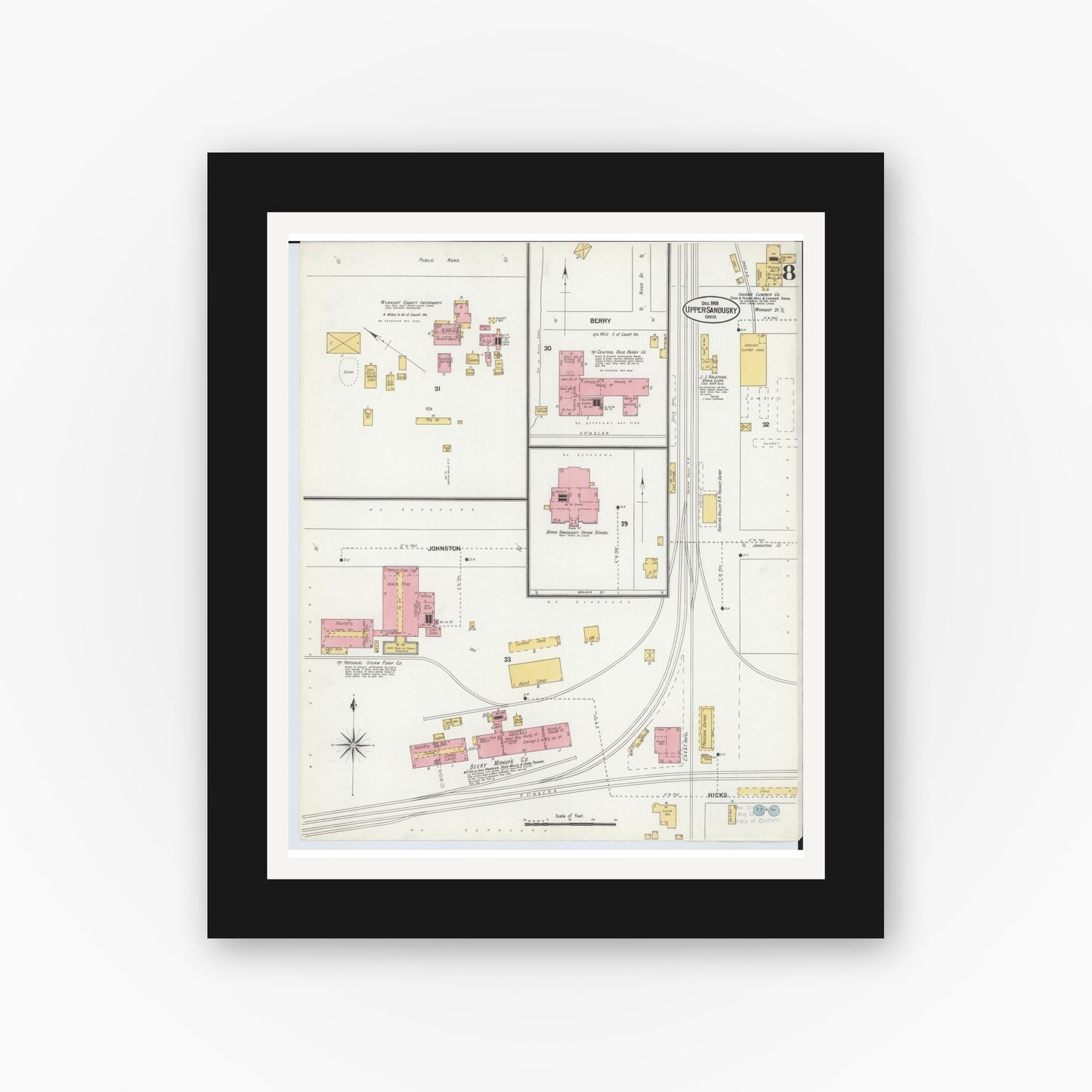 Old map wall art mockup — black gallery frame with white mat — Sanborn Fire Insurance Map from Upper Sandusky, Wyandot County, Ohio (1902), Sheet #0008