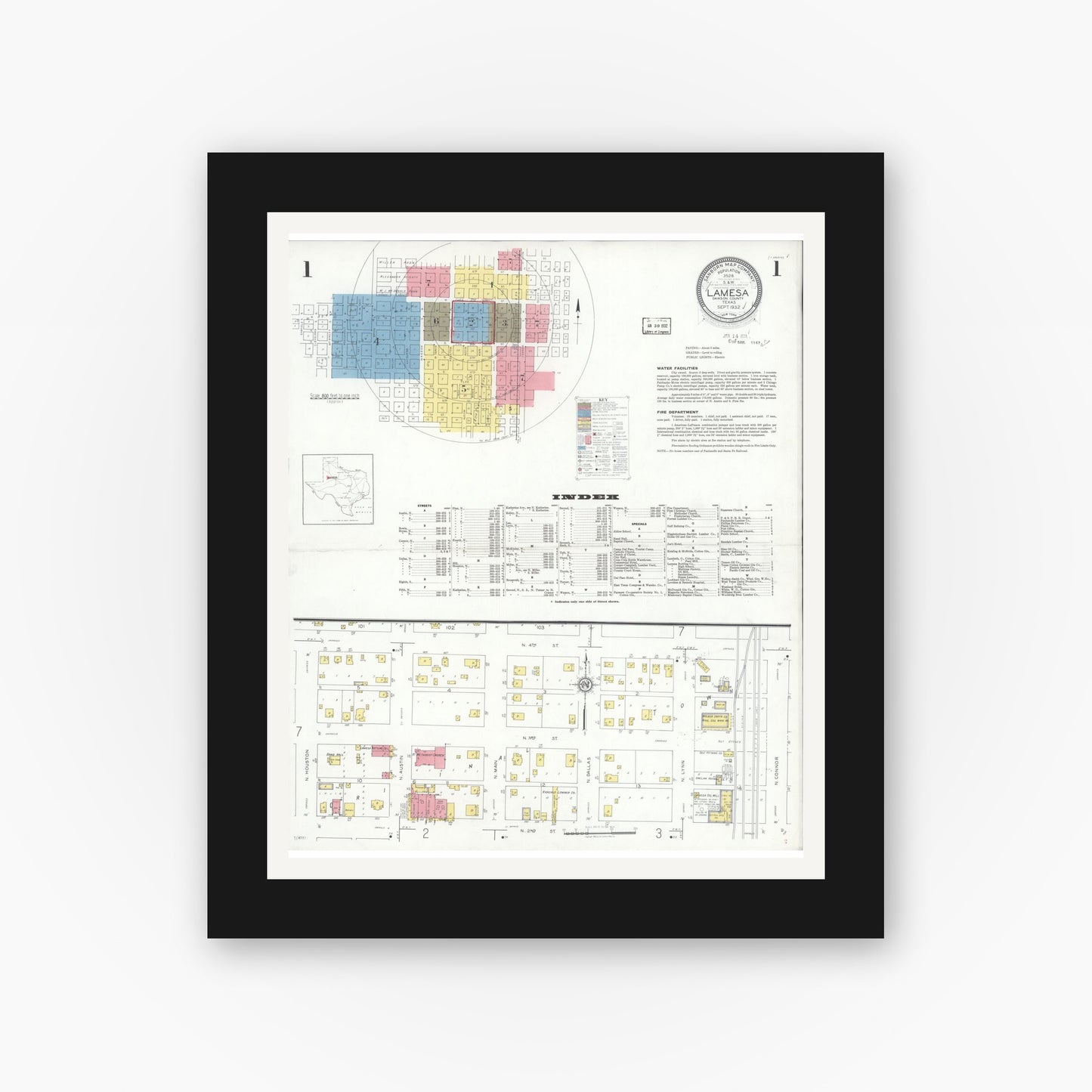 Old map wall art mockup — black gallery frame with white mat — Sanborn Fire Insurance Map from Lamesa, Dawson County, Texas (1932), Sheet #0001
