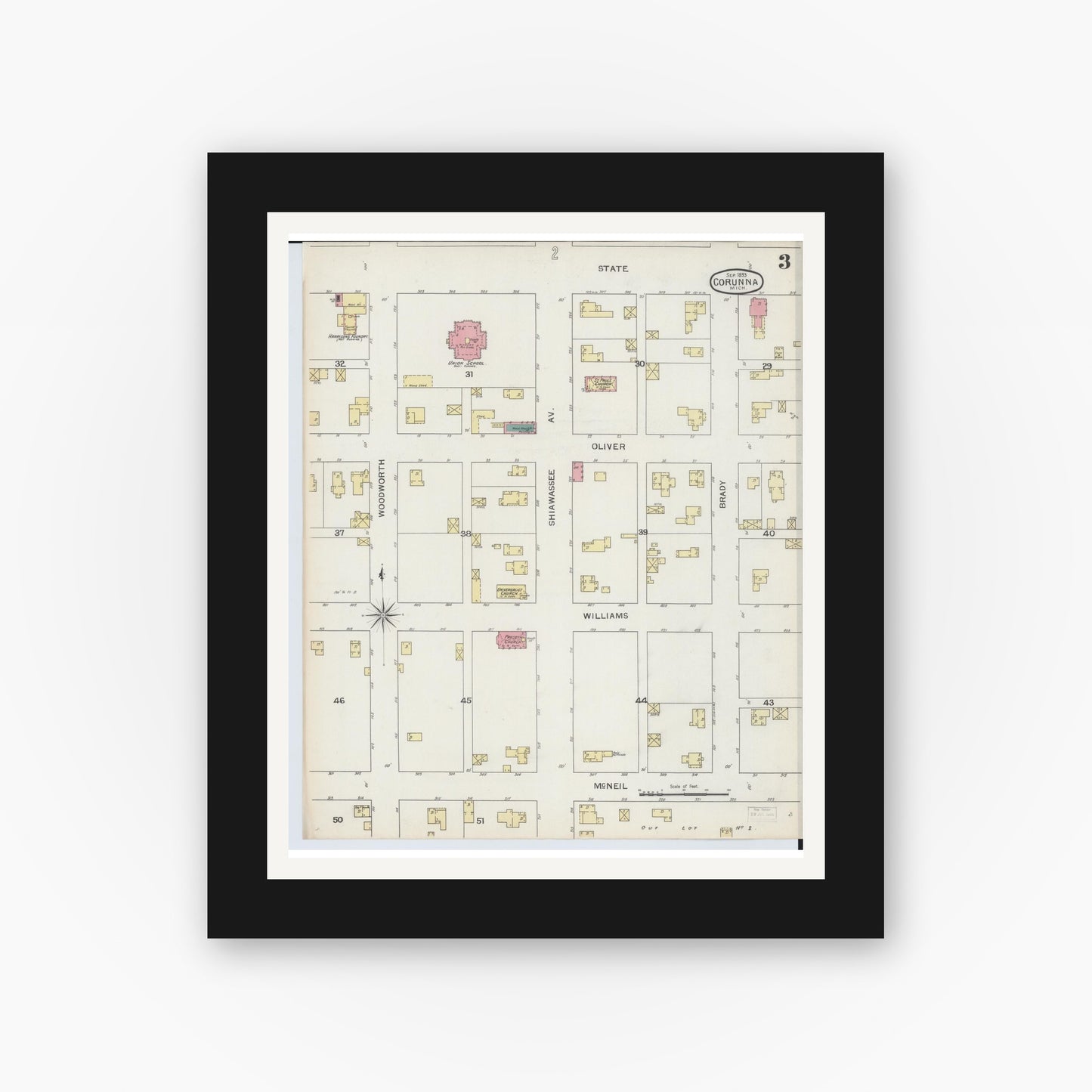 Old map wall art mockup — black gallery frame with white mat — Sanborn Fire Insurance Map from Corunna, Shiawassee County, Michigan (1893), Sheet #0003