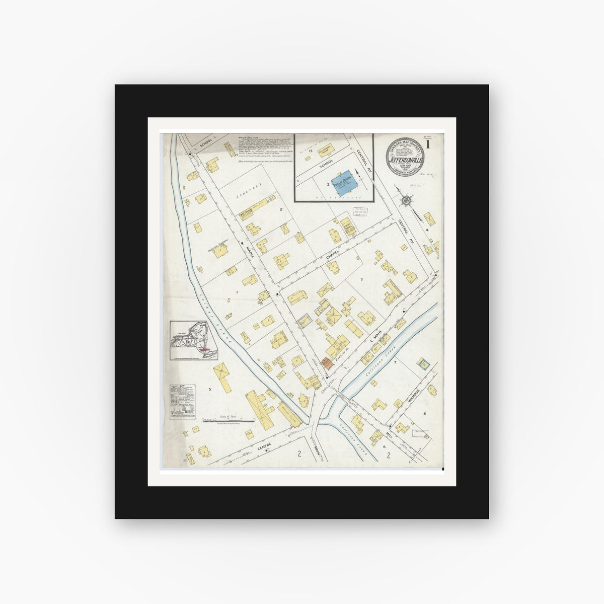 Old map wall art mockup — black gallery frame with white mat — Sanborn Fire Insurance Map from Jeffersonville, Sullivan County, New York (1918) - Complete Map Set