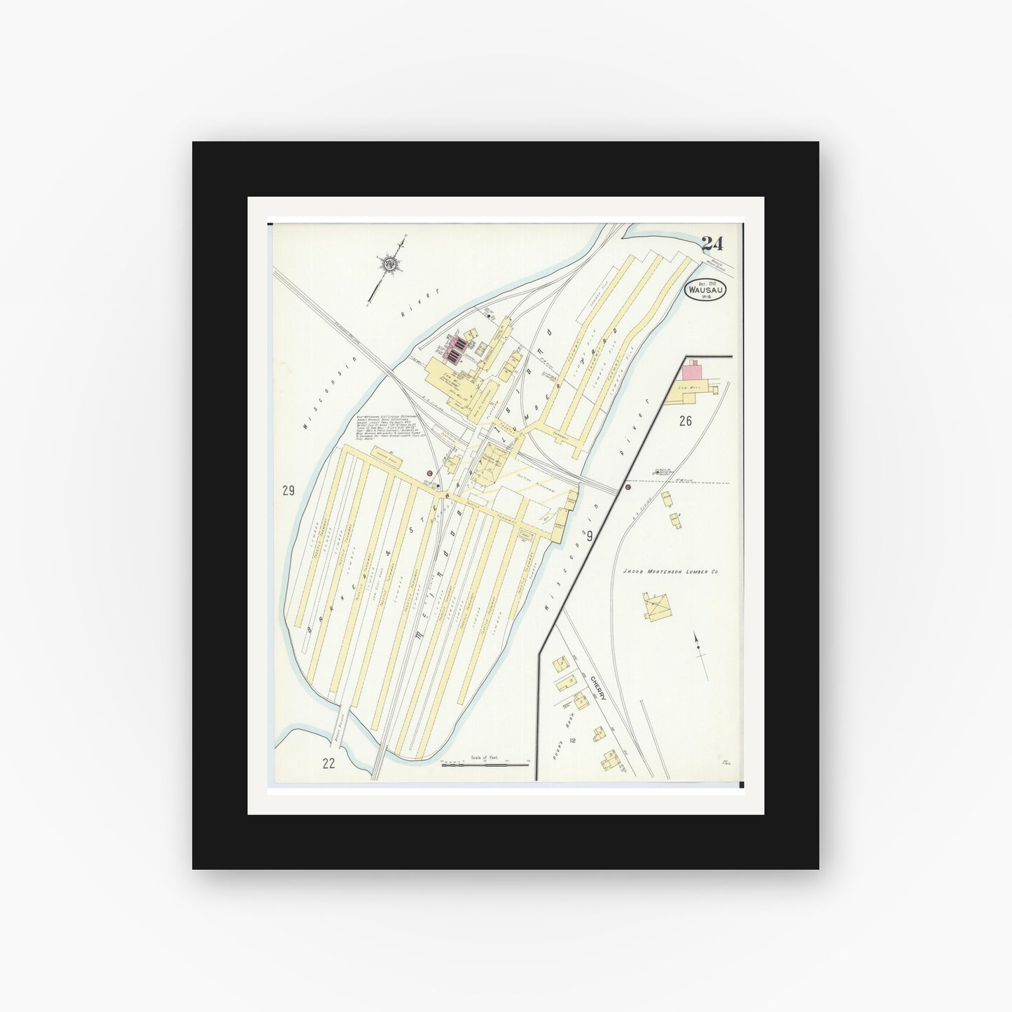 Old map wall art mockup — black gallery frame with white mat — Sanborn Fire Insurance Map from Wausau, Marathon County, Wisconsin (1912), Sheet #0024