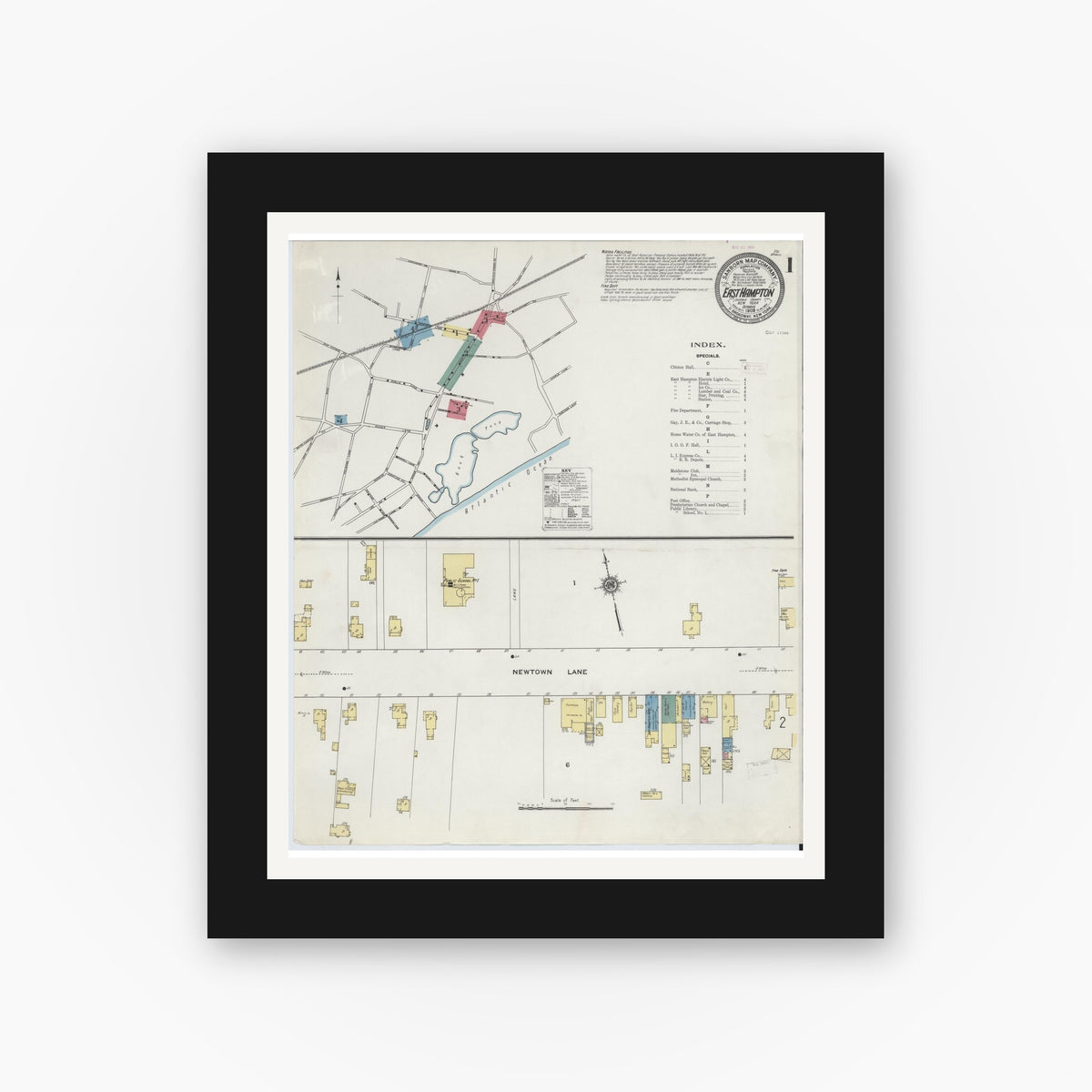 Old map wall art mockup — black gallery frame with white mat — Sanborn Fire Insurance Map from Easthampton, Suffolk County, New York (1909), Sheet #0001