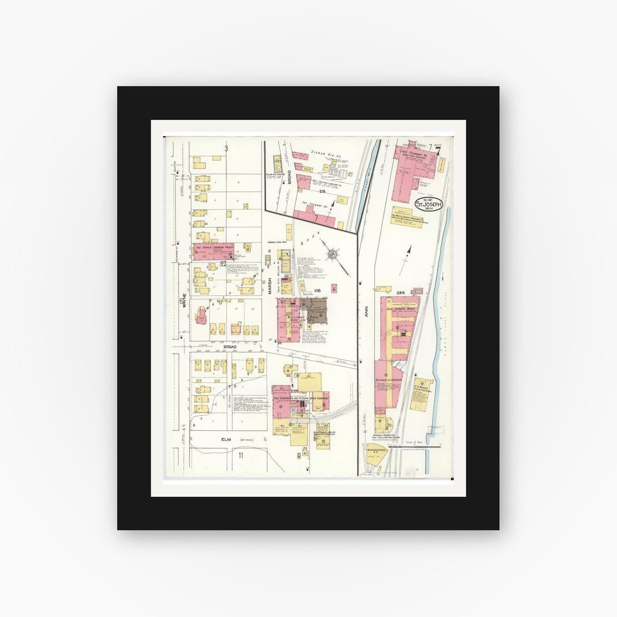Old map wall art mockup — black gallery frame with white mat — Sanborn Fire Insurance Map from Saint Joseph, Berrien County, Michigan (1921), Sheet #0007
