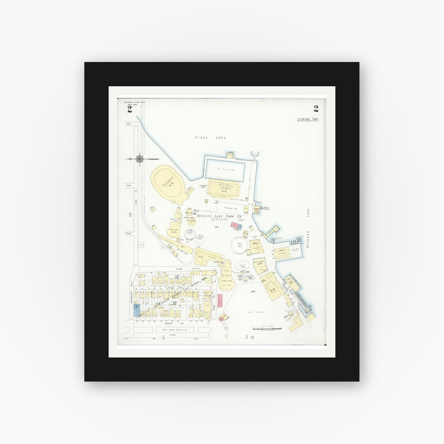 Old map wall art mockup — black gallery frame with white mat — Sanborn Fire Insurance Map from Buckeye Lake, Licking County, Ohio (1946), Sheet #0002