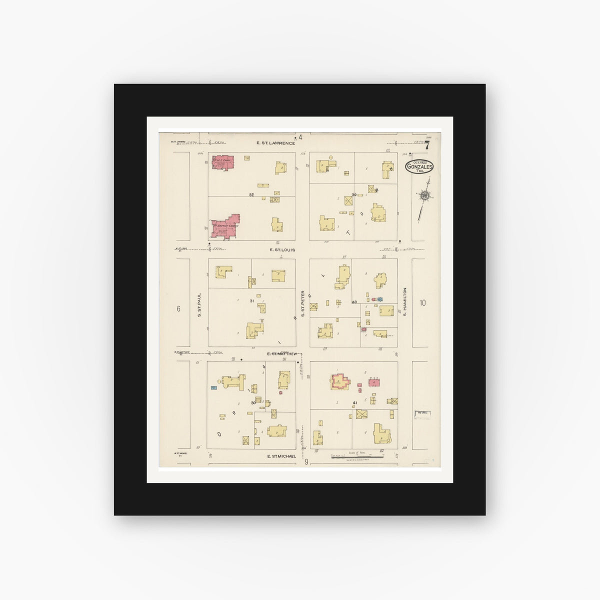Old map wall art mockup — black gallery frame with white mat — Sanborn Fire Insurance Map from Gonzales, Gonzales County, Texas (1922), Sheet #0007
