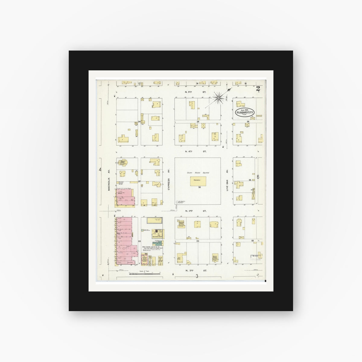 Old map wall art mockup — black gallery frame with white mat — Sanborn Fire Insurance Map from Hubbard, Hill County, Texas (1909), Sheet #0002