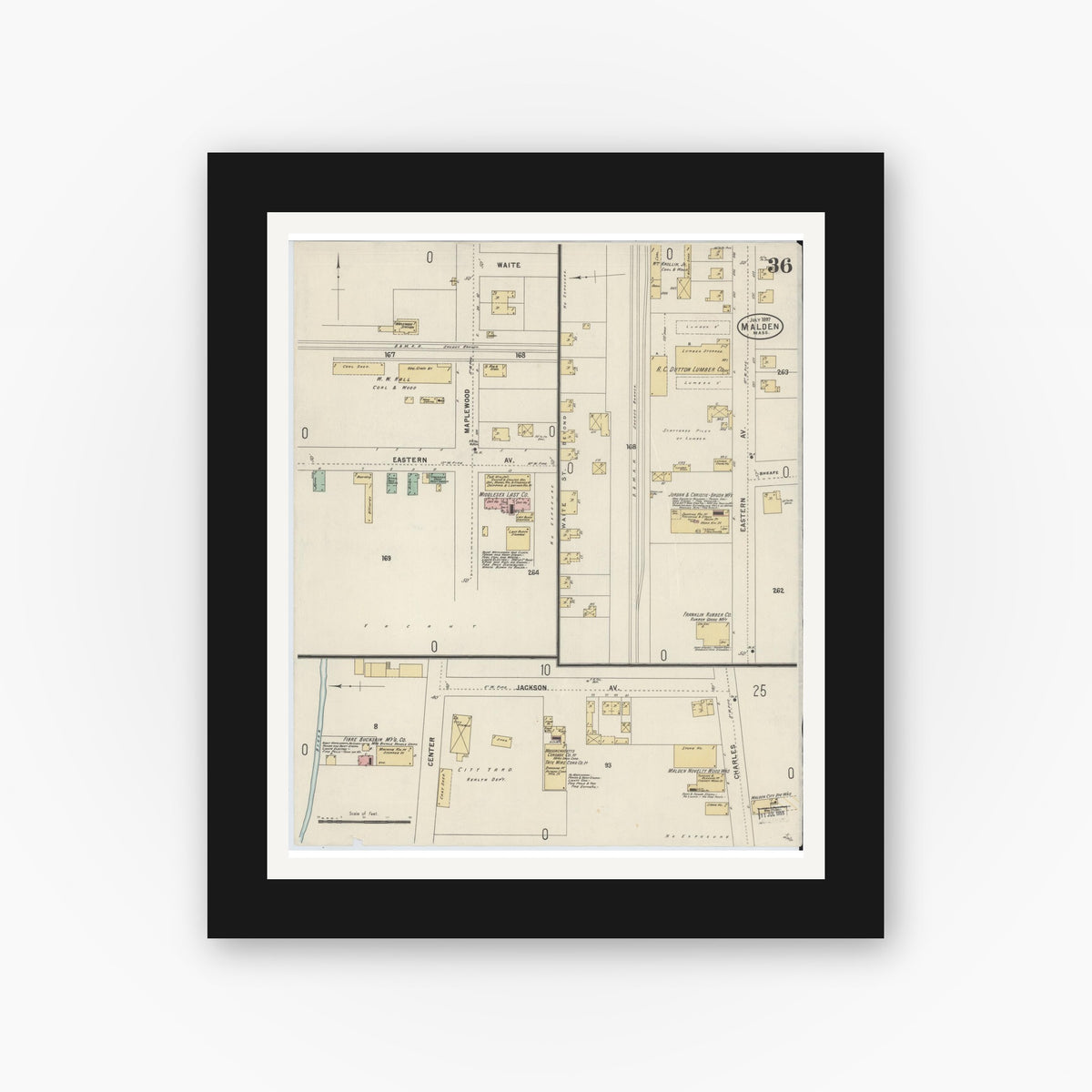 Old map wall art mockup — black gallery frame with white mat — Sanborn Fire Insurance Map from Malden, Middlesex County, Massachusetts (1897), Sheet #0036