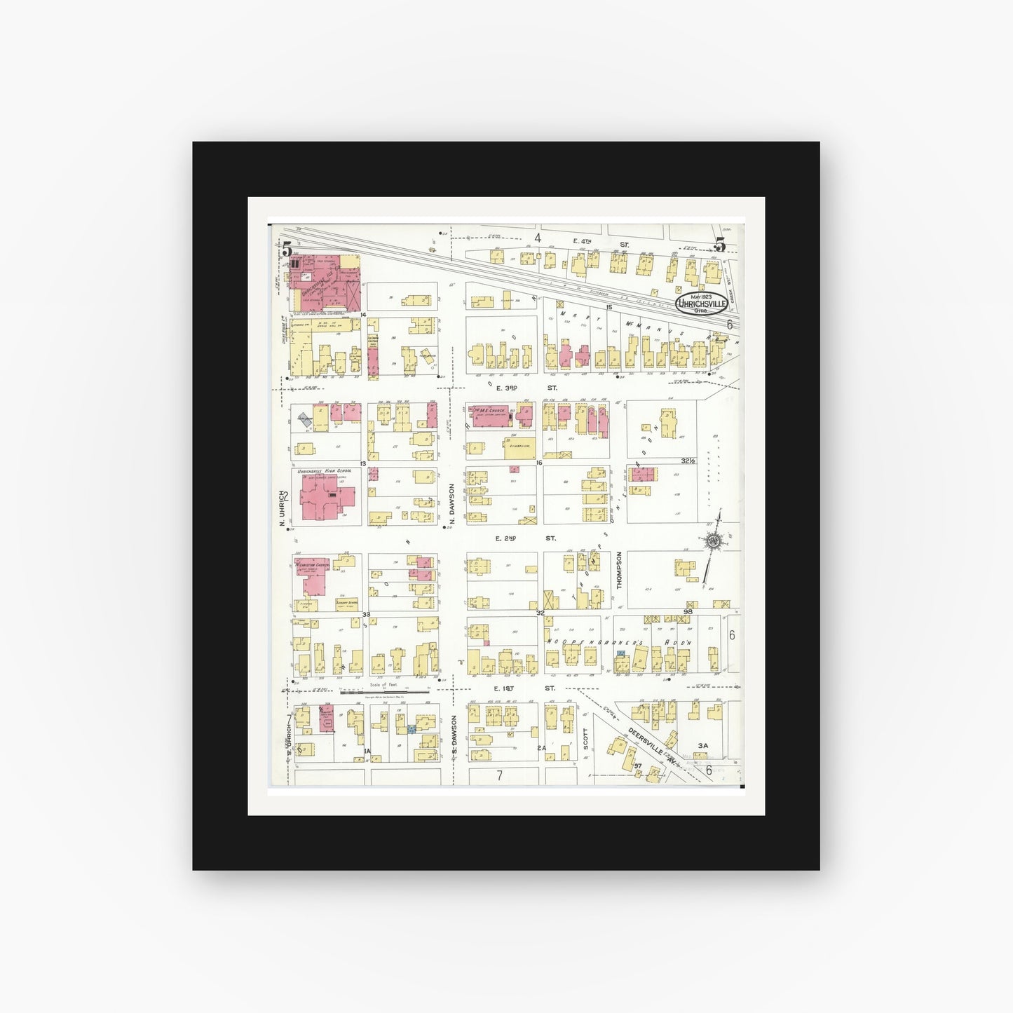 Old map wall art mockup — black gallery frame with white mat — Sanborn Fire Insurance Map from Uhrichsville, Tuscarawas County, Ohio (1923), Sheet #0005