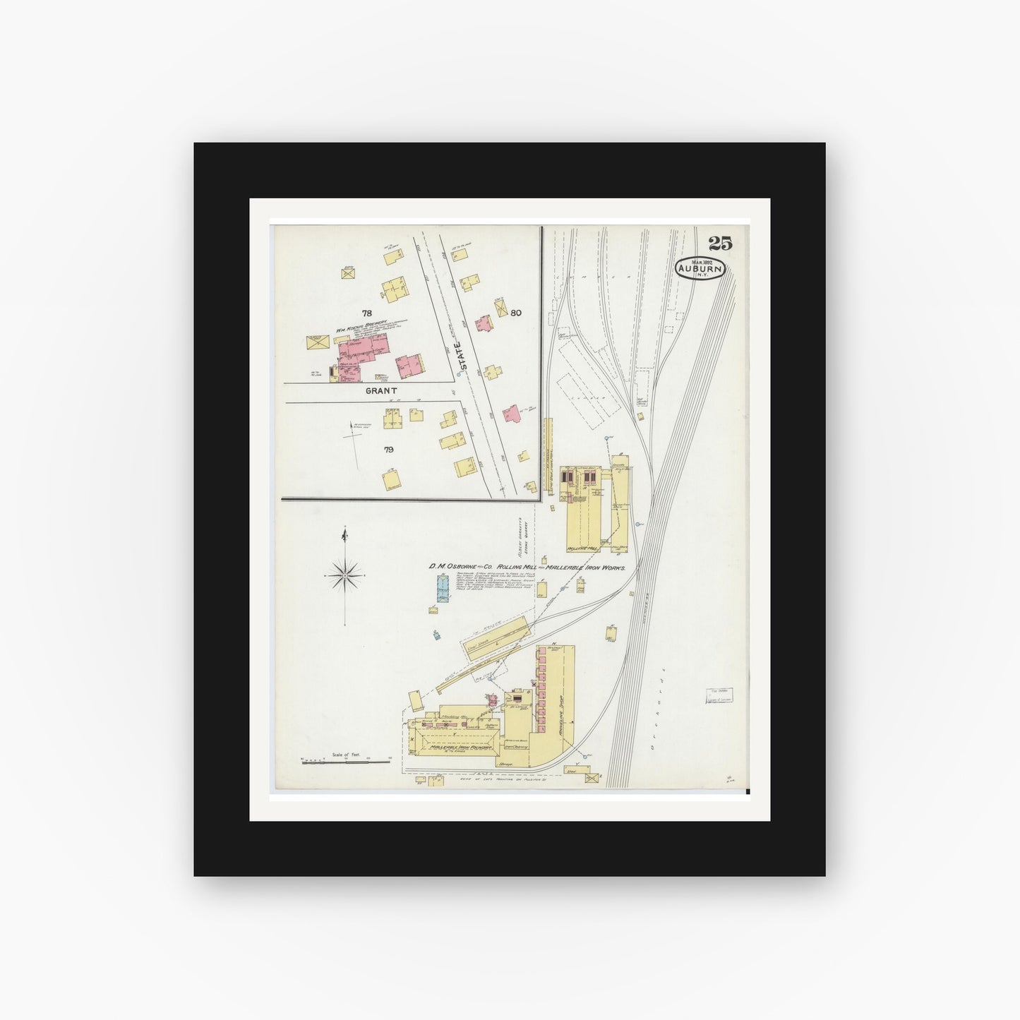 Old map wall art mockup — black gallery frame with white mat — Sanborn Fire Insurance Map from Auburn, Cayuga County, New York (1892), Sheet #0025
