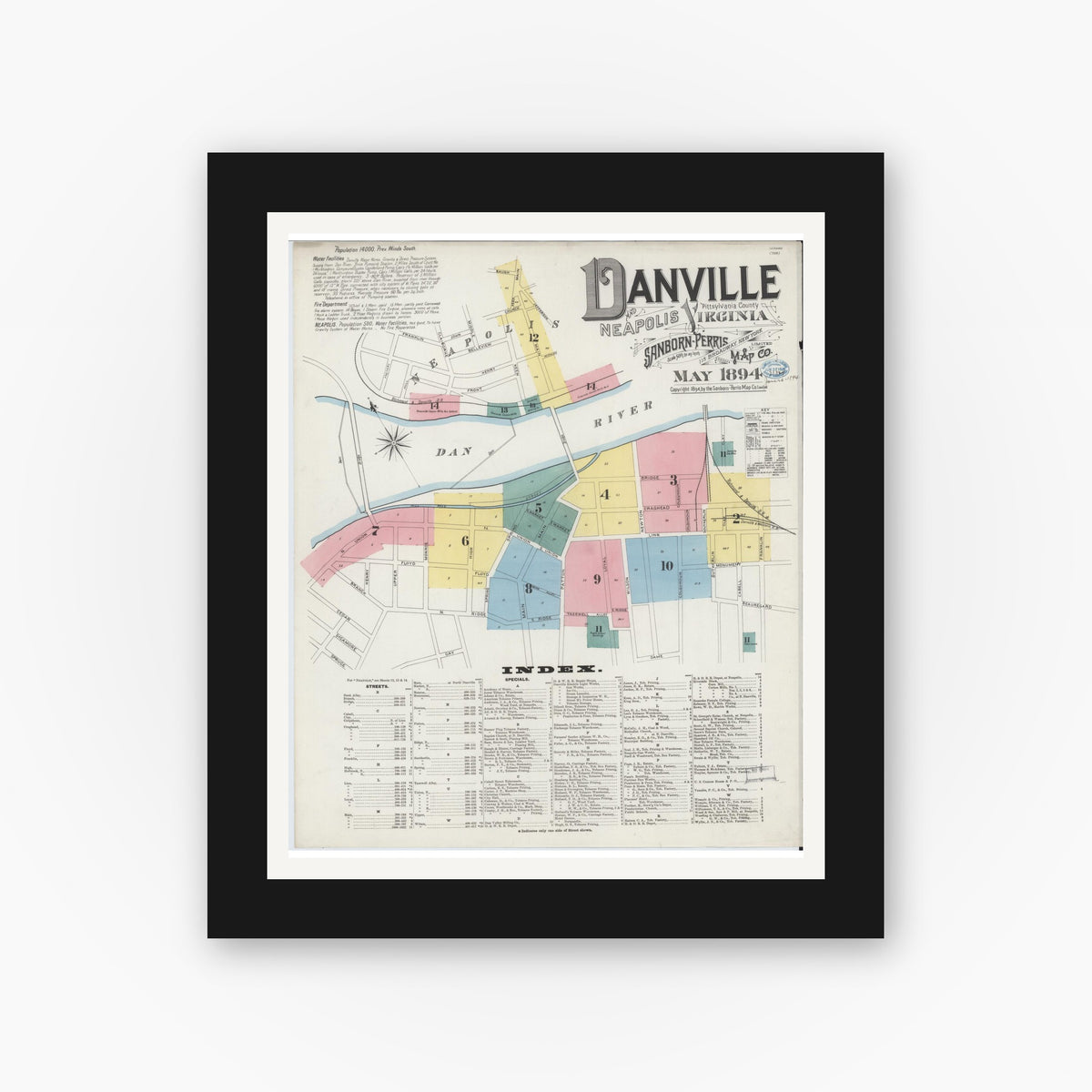 Old map wall art mockup — black gallery frame with white mat — Sanborn Fire Insurance Map from Danville, Independent Cities, Virginia (1894), Sheet #0001