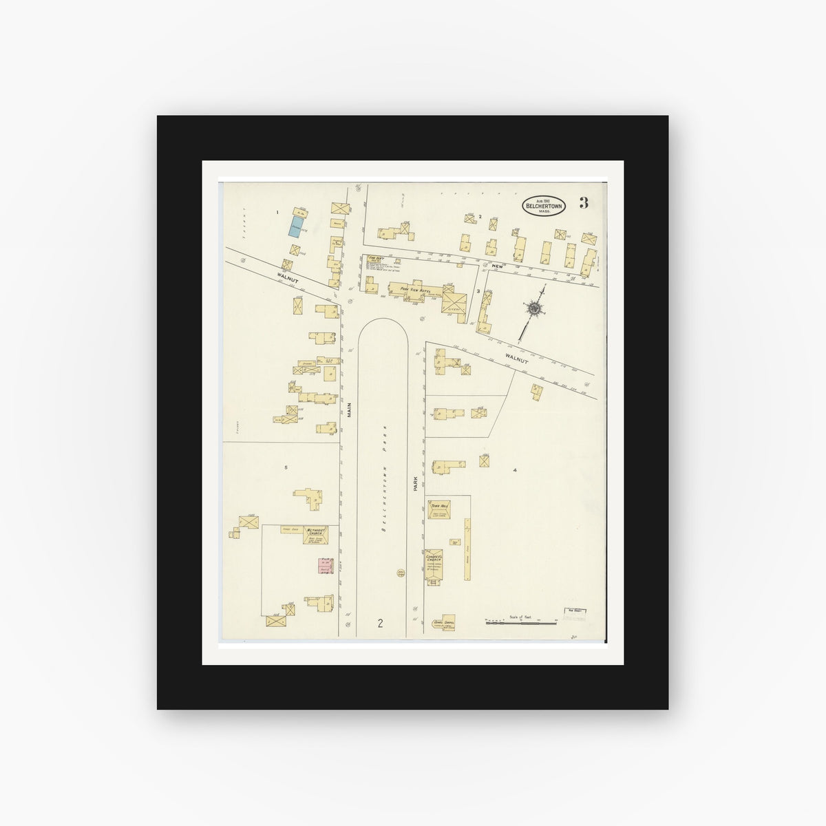Old map wall art mockup — black gallery frame with white mat — Sanborn Fire Insurance Map from Belchertown, Hampshire County, Massachusetts (1910), Sheet #0003