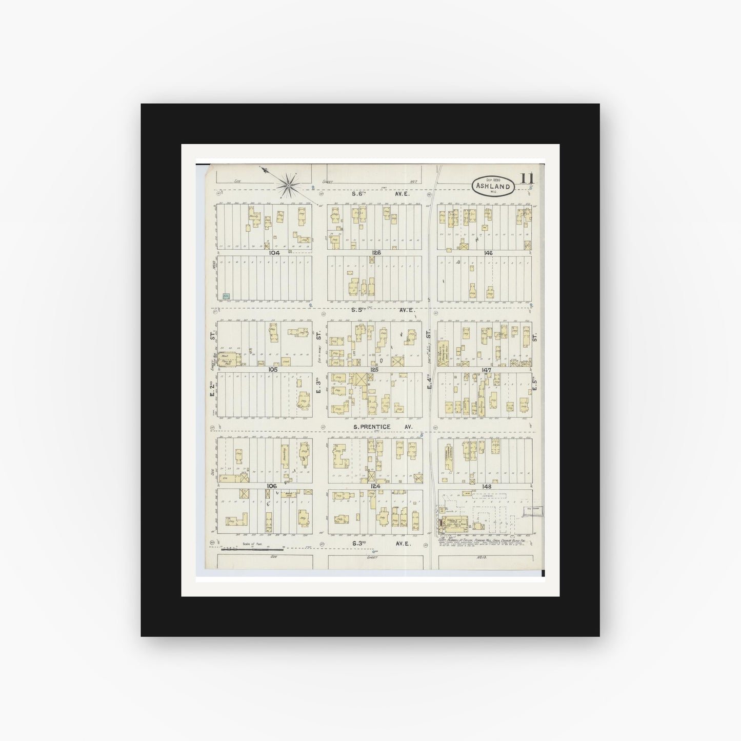 Old map wall art mockup — black gallery frame with white mat — Sanborn Fire Insurance Map from Ashland, Ashland County, Wisconsin (1890), Sheet #0011
