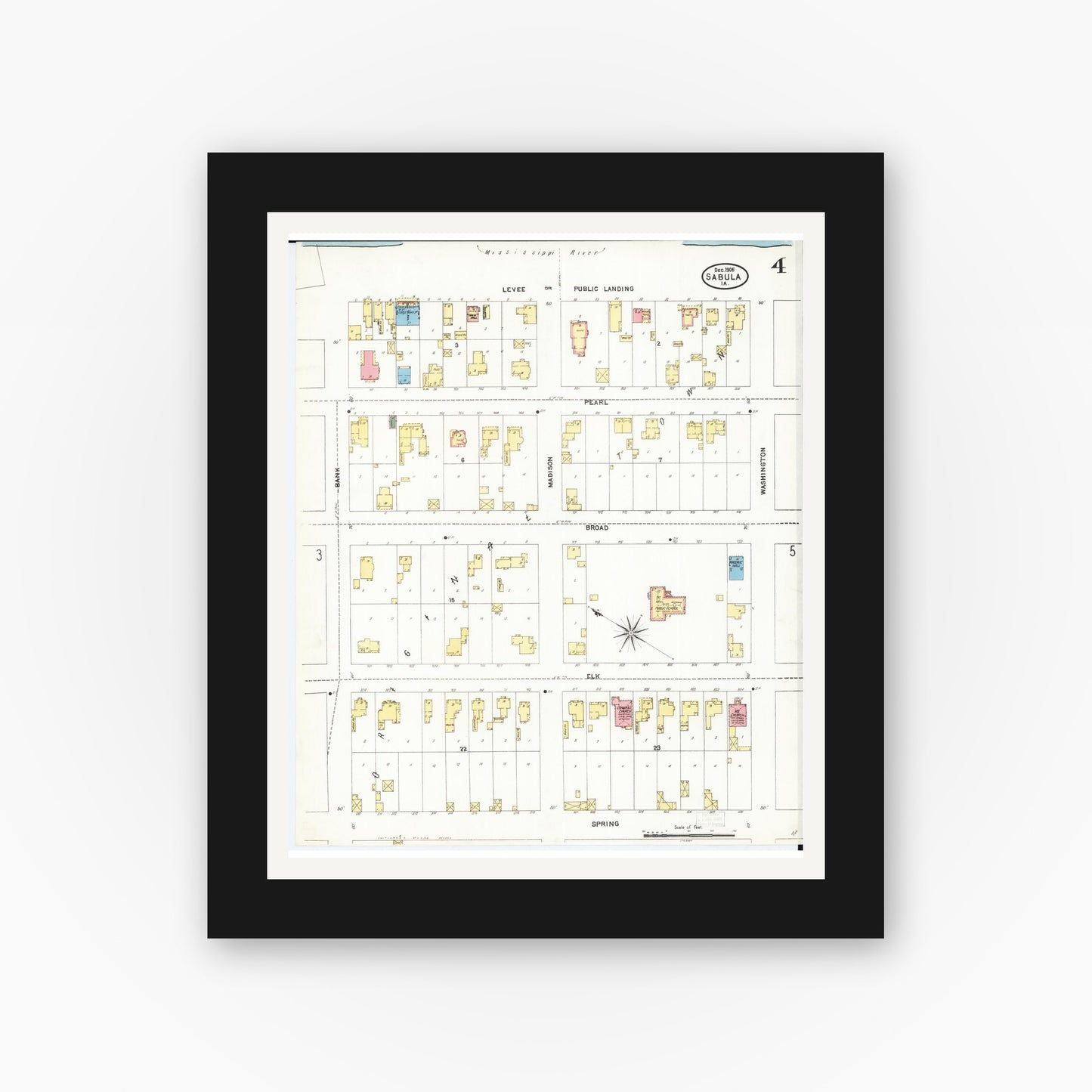 Old map wall art mockup — black gallery frame with white mat — Sanborn Fire Insurance Map from Sabula, Jackson County, Iowa (1905), Sheet #0004