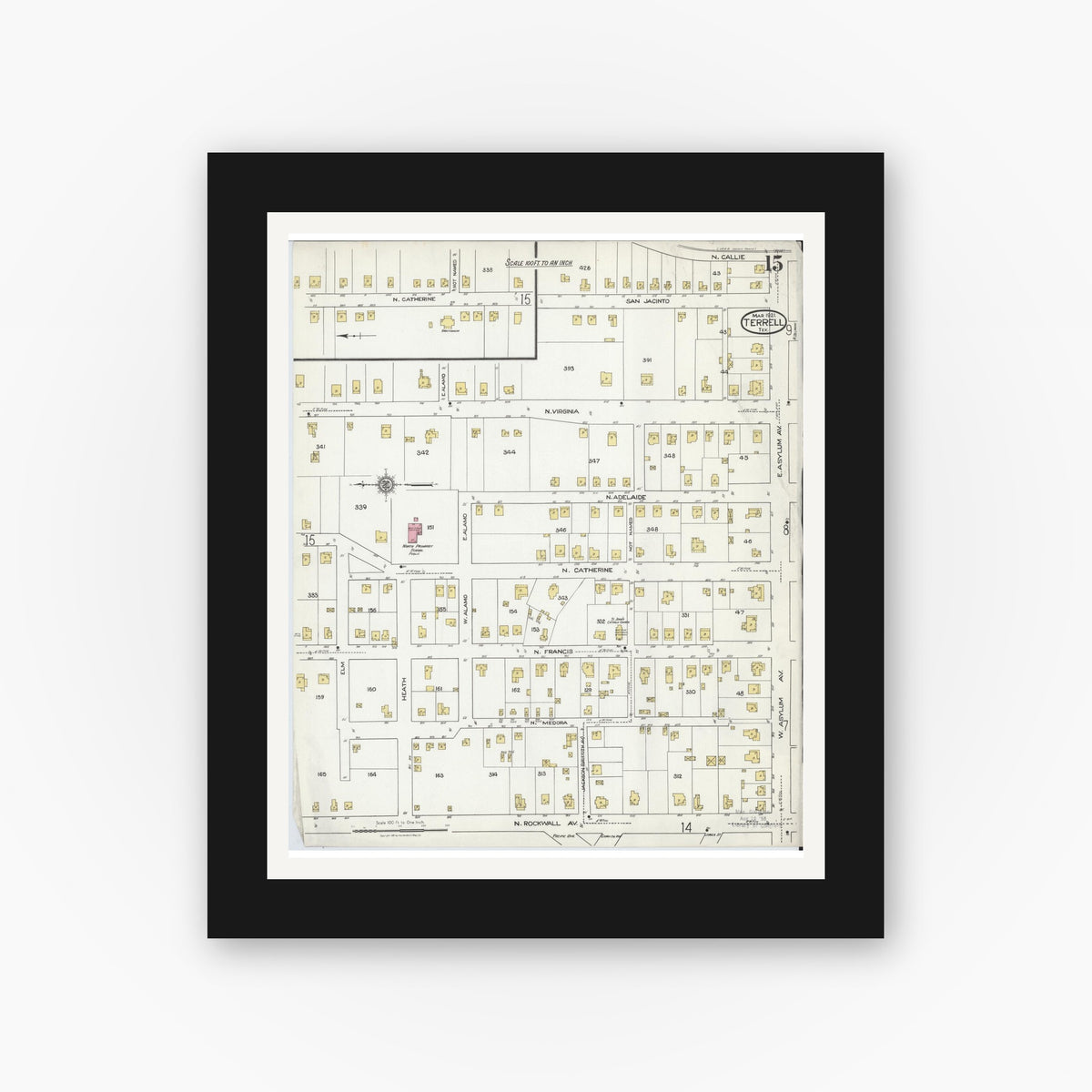 Old map wall art mockup — black gallery frame with white mat — Sanborn Fire Insurance Map from Terrell, Kaufman County, Texas (1921), Sheet #0015