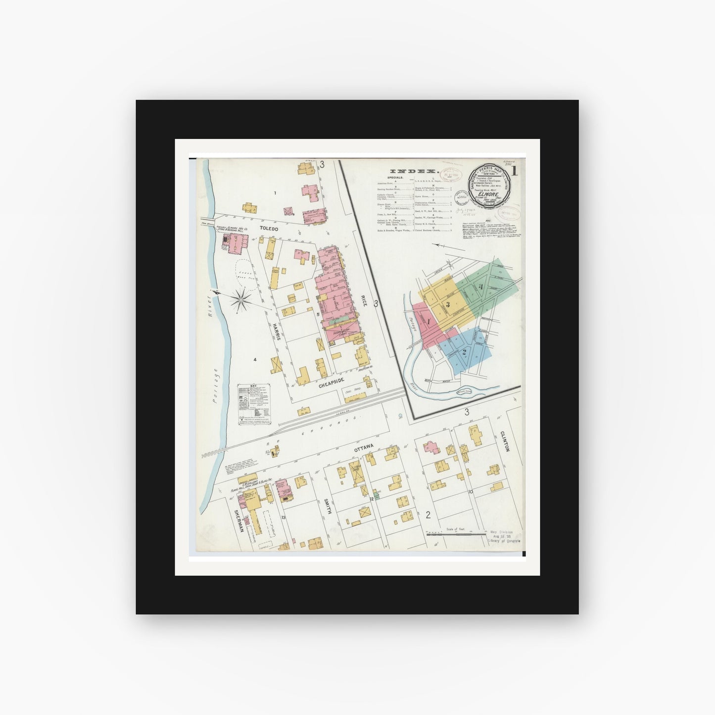 Old map wall art mockup — black gallery frame with white mat — Sanborn Fire Insurance Map from Elmore, Ottawa County, Ohio (1899), Sheet #0001