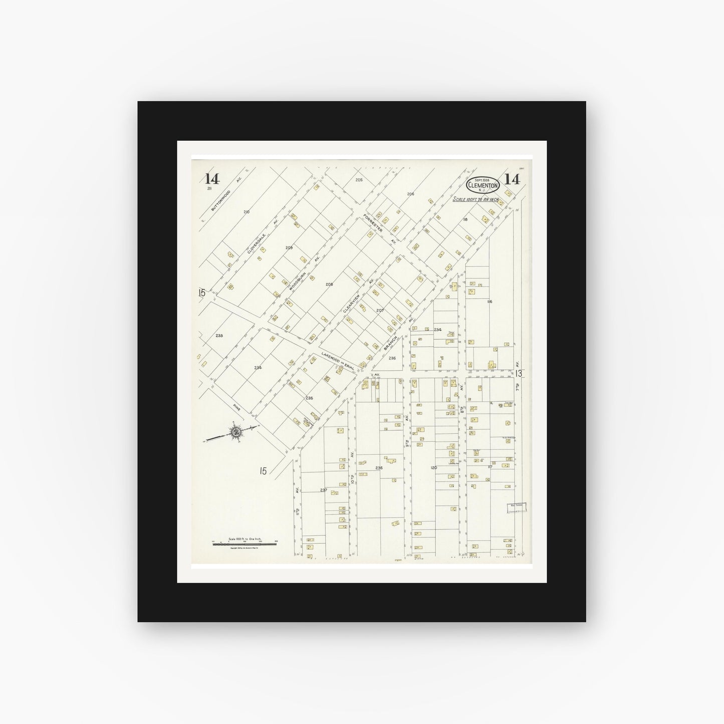 Old map wall art mockup — black gallery frame with white mat — Sanborn Fire Insurance Map from Clementon, Camden County, New Jersey (1924), Sheet #0014