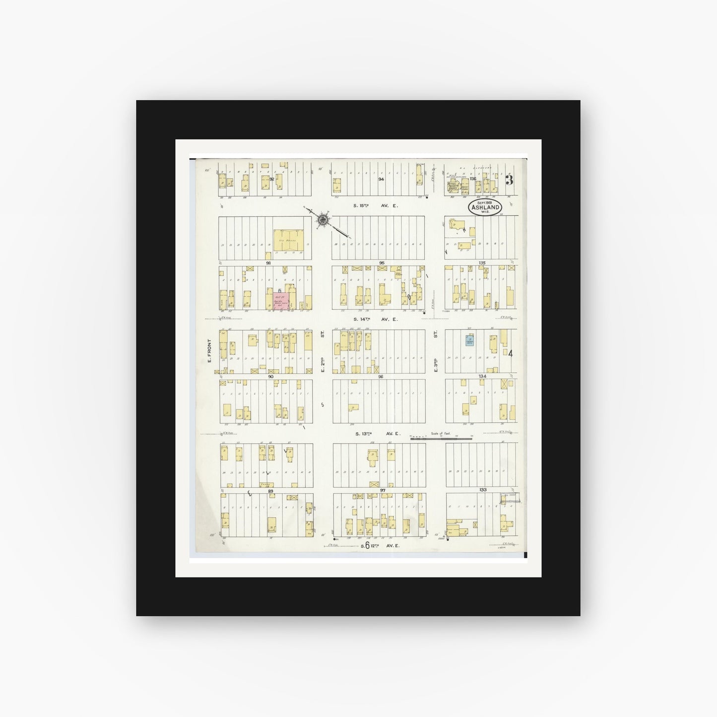 Old map wall art mockup — black gallery frame with white mat — Sanborn Fire Insurance Map from Ashland, Ashland County, Wisconsin (1909), Sheet #0003