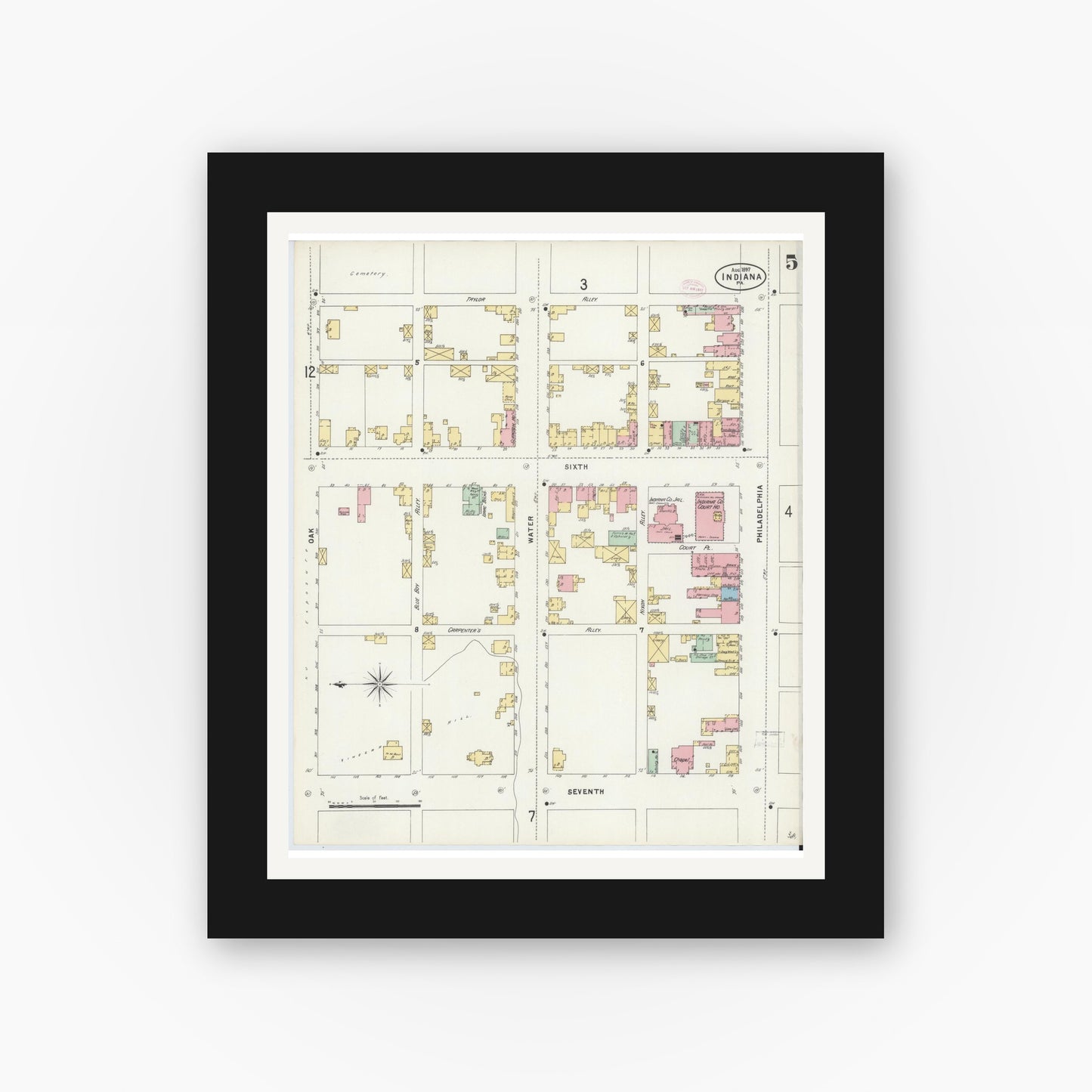 Old map wall art mockup — black gallery frame with white mat — Sanborn Fire Insurance Map from Indiana, Indiana County, Pennsylvania (1888), Sheet #0005