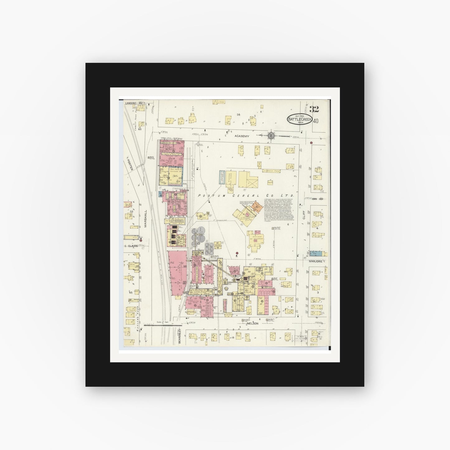 Old map wall art mockup — black gallery frame with white mat — Sanborn Fire Insurance Map from Battle Creek, Calhoun County, Michigan (1913), Sheet #0032