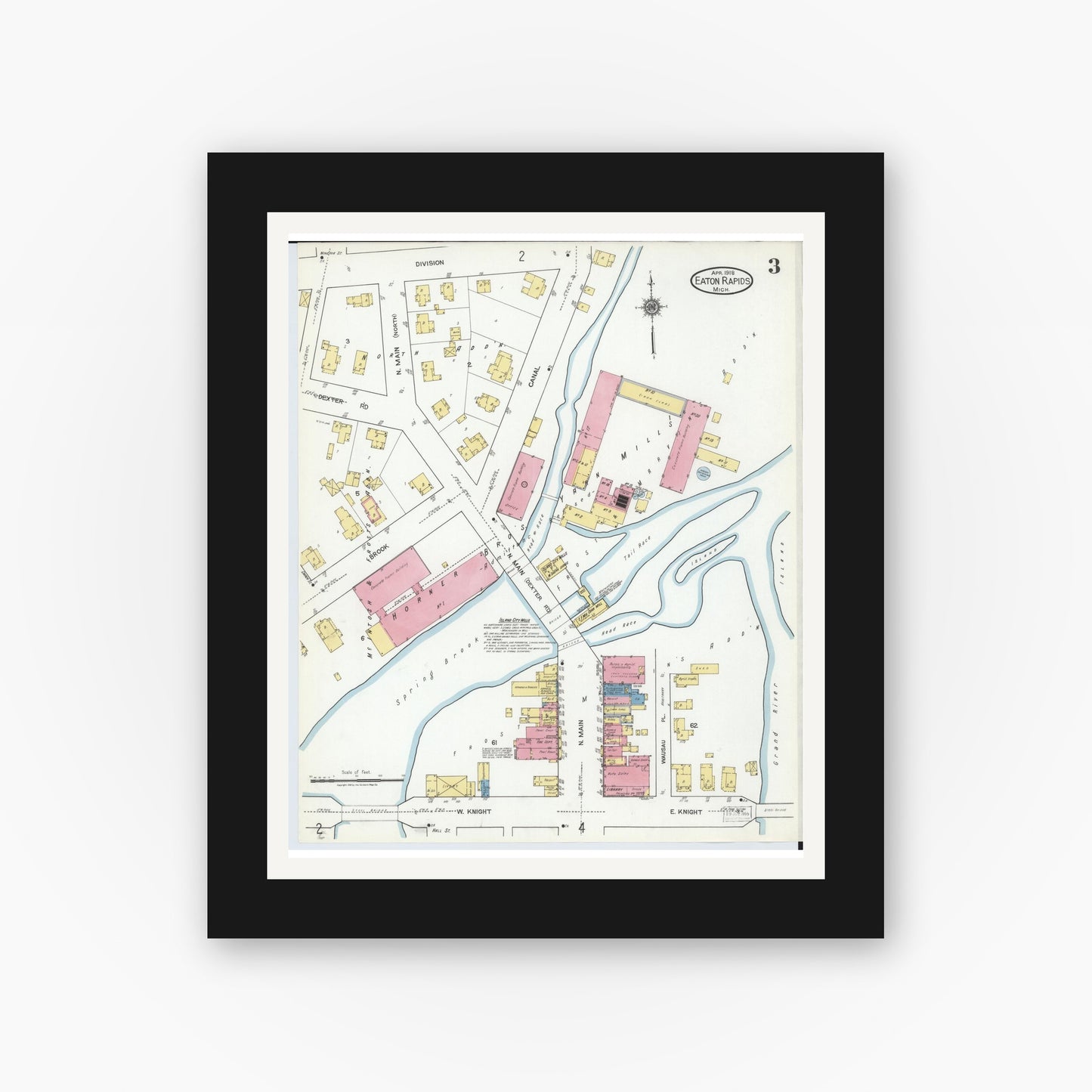 Old map wall art mockup — black gallery frame with white mat — Sanborn Fire Insurance Map from Eaton Rapids, Eaton County, Michigan (1918), Sheet #0003