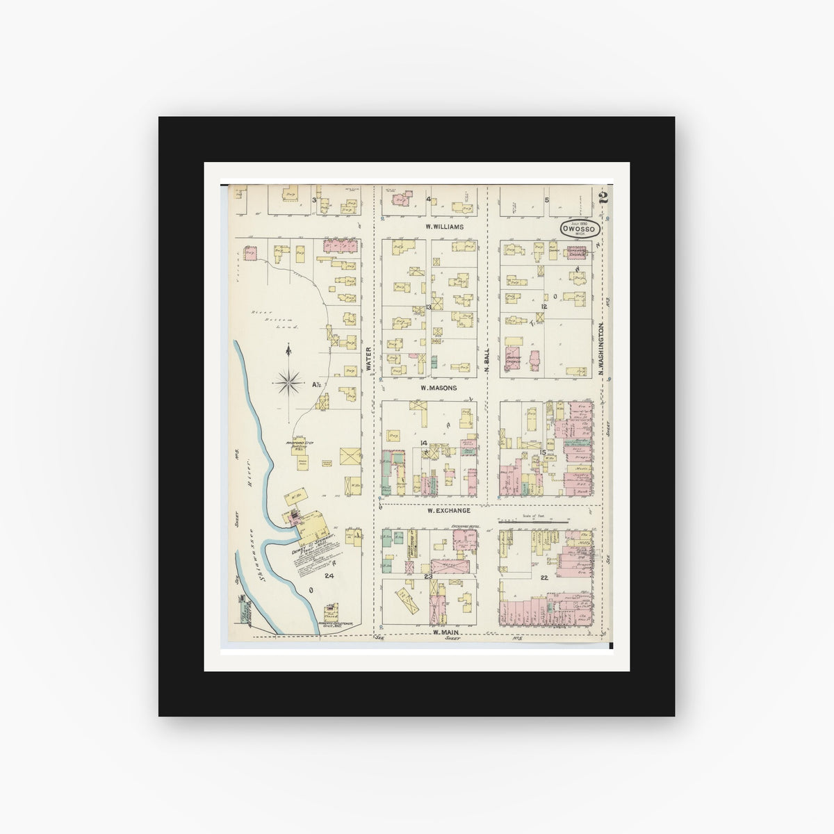 Old map wall art mockup — black gallery frame with white mat — Sanborn Fire Insurance Map from Owosso, Shiawassee County, Michigan (1890), Sheet #0002