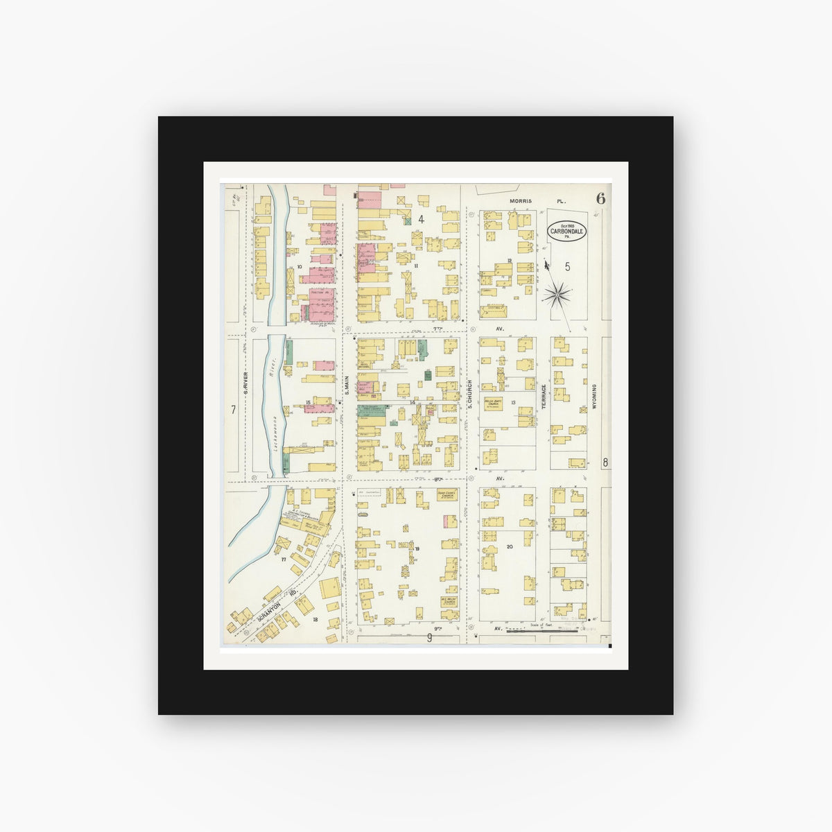 Old map wall art mockup β black gallery frame with white mat β Sanborn Fire Insurance Map from Carbondale, Lackawanna County, Pennsylvania (1903), Sheet #0006