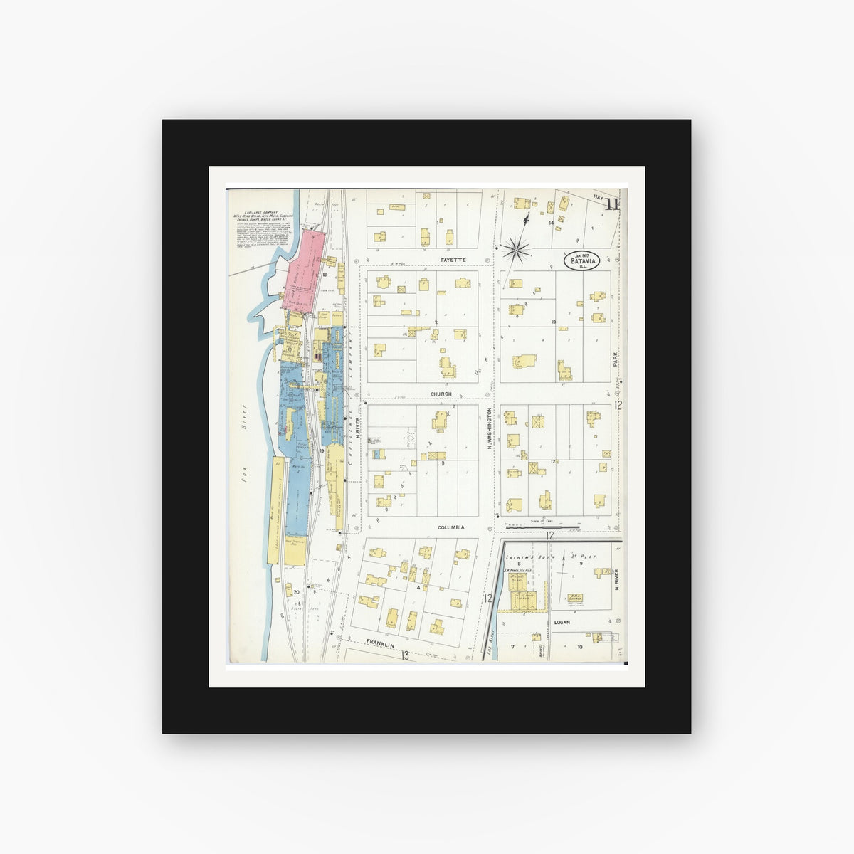 Old map wall art mockup — black gallery frame with white mat — Sanborn Fire Insurance Map from Batavia, Kane County, Illinois (1907), Sheet #0011